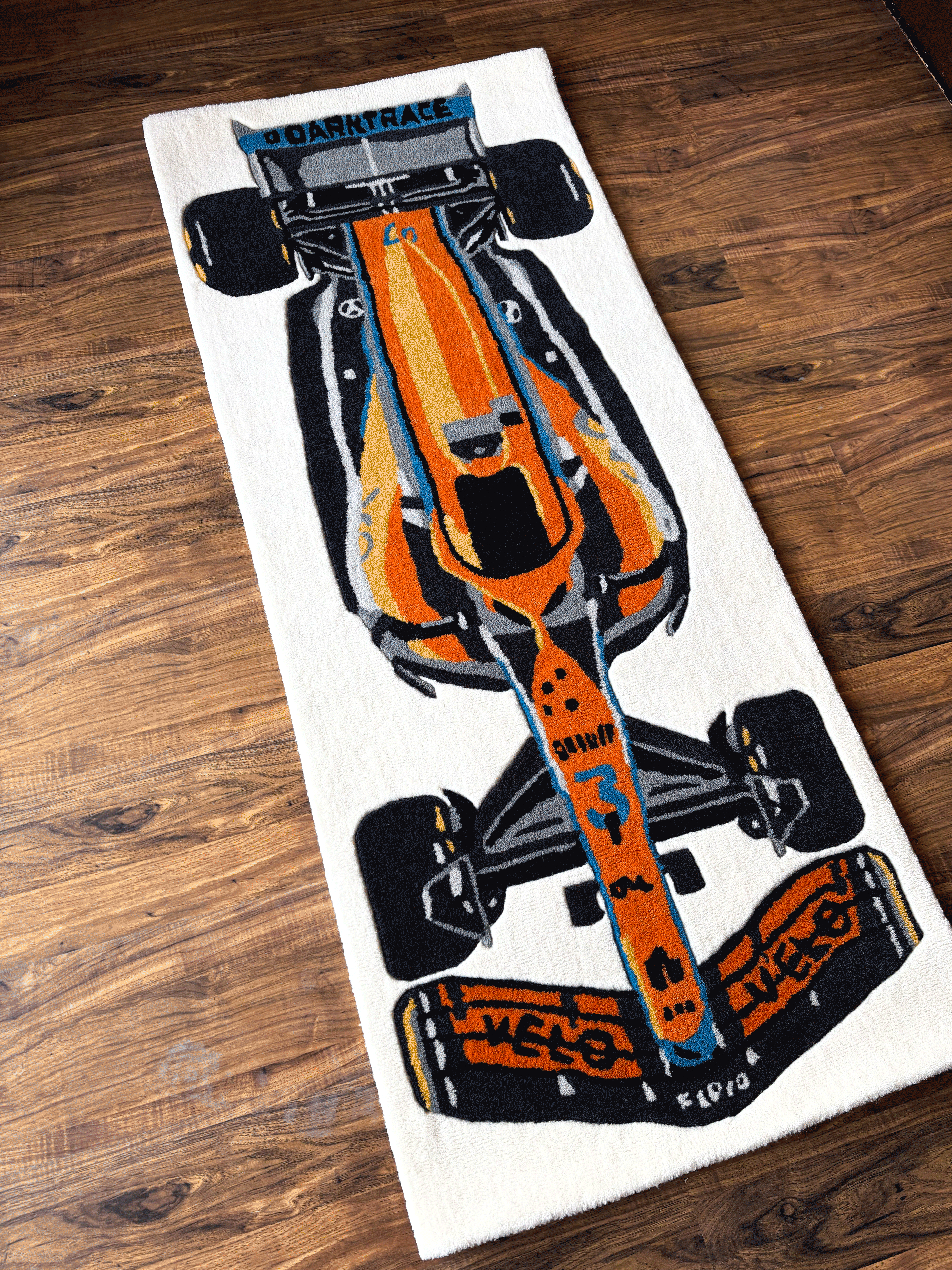 F1 McLaren inspired Racing Car hand tufted Custom Rug