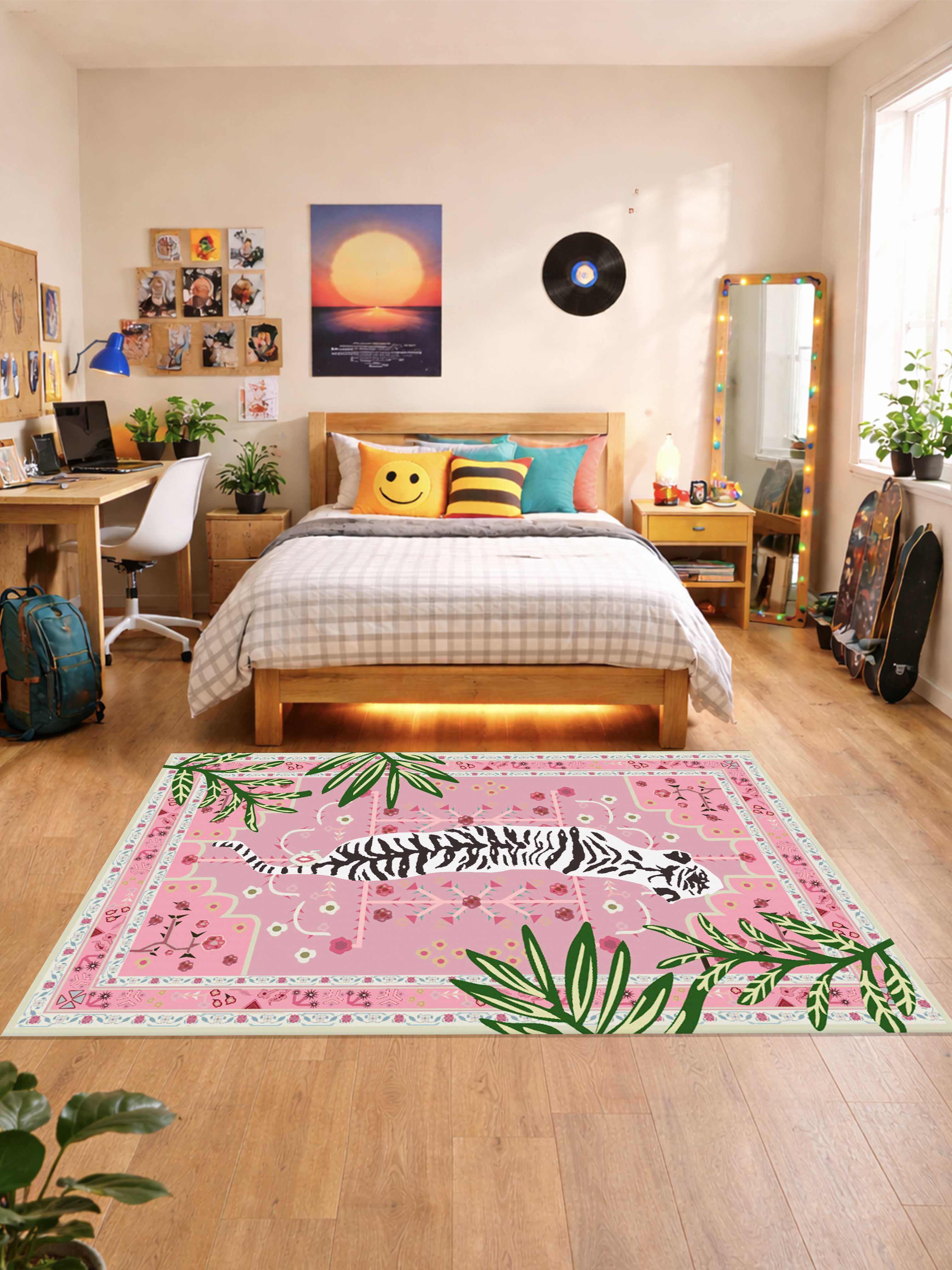 Pink tiger jungle design Washable Custom Rug