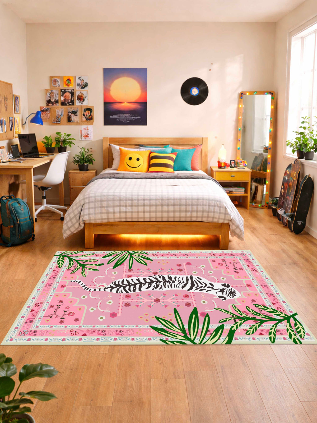Pink tiger jungle design Washable Custom Rug