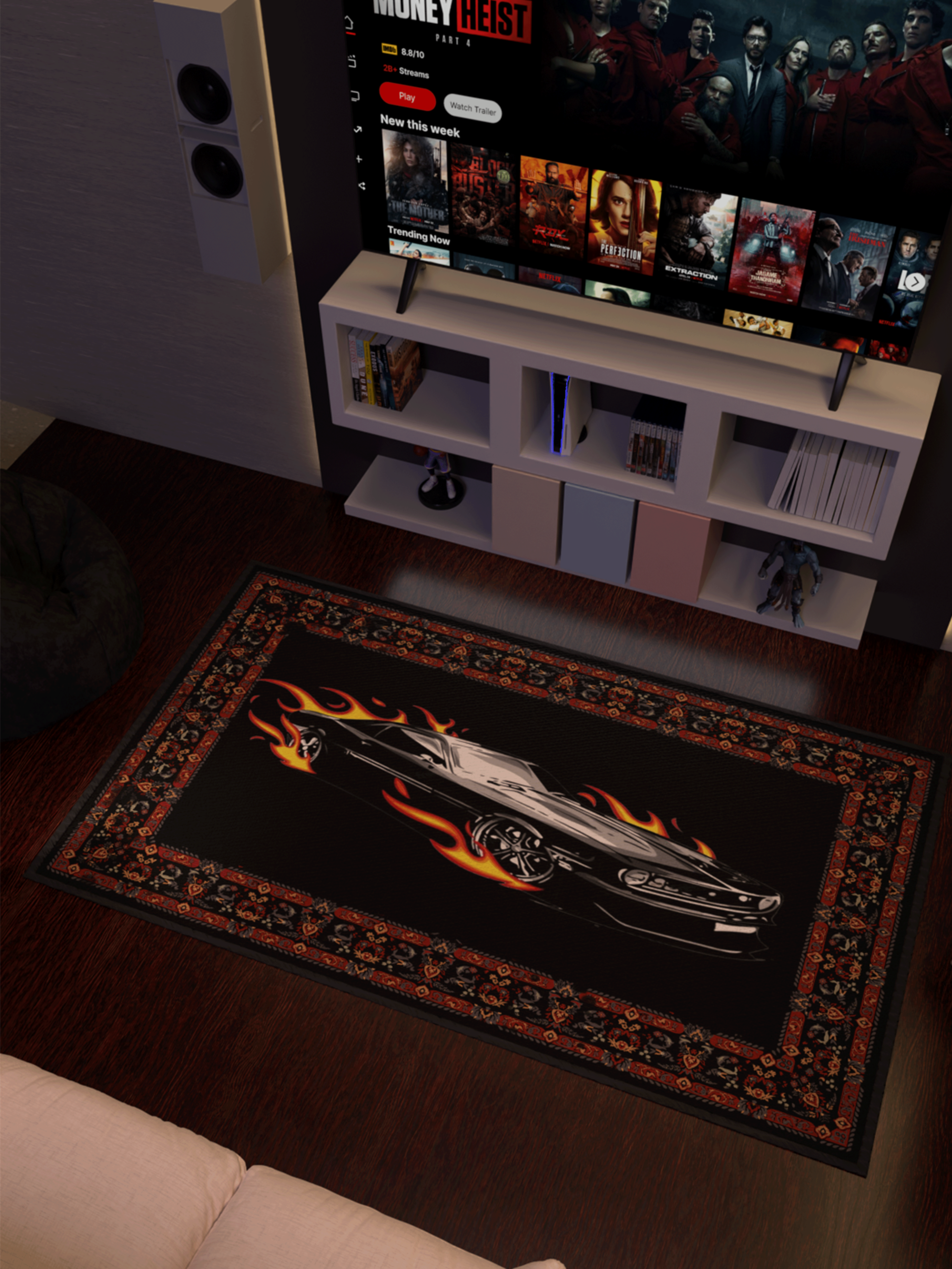 Black Fire car traditional design Washable Custom Rug