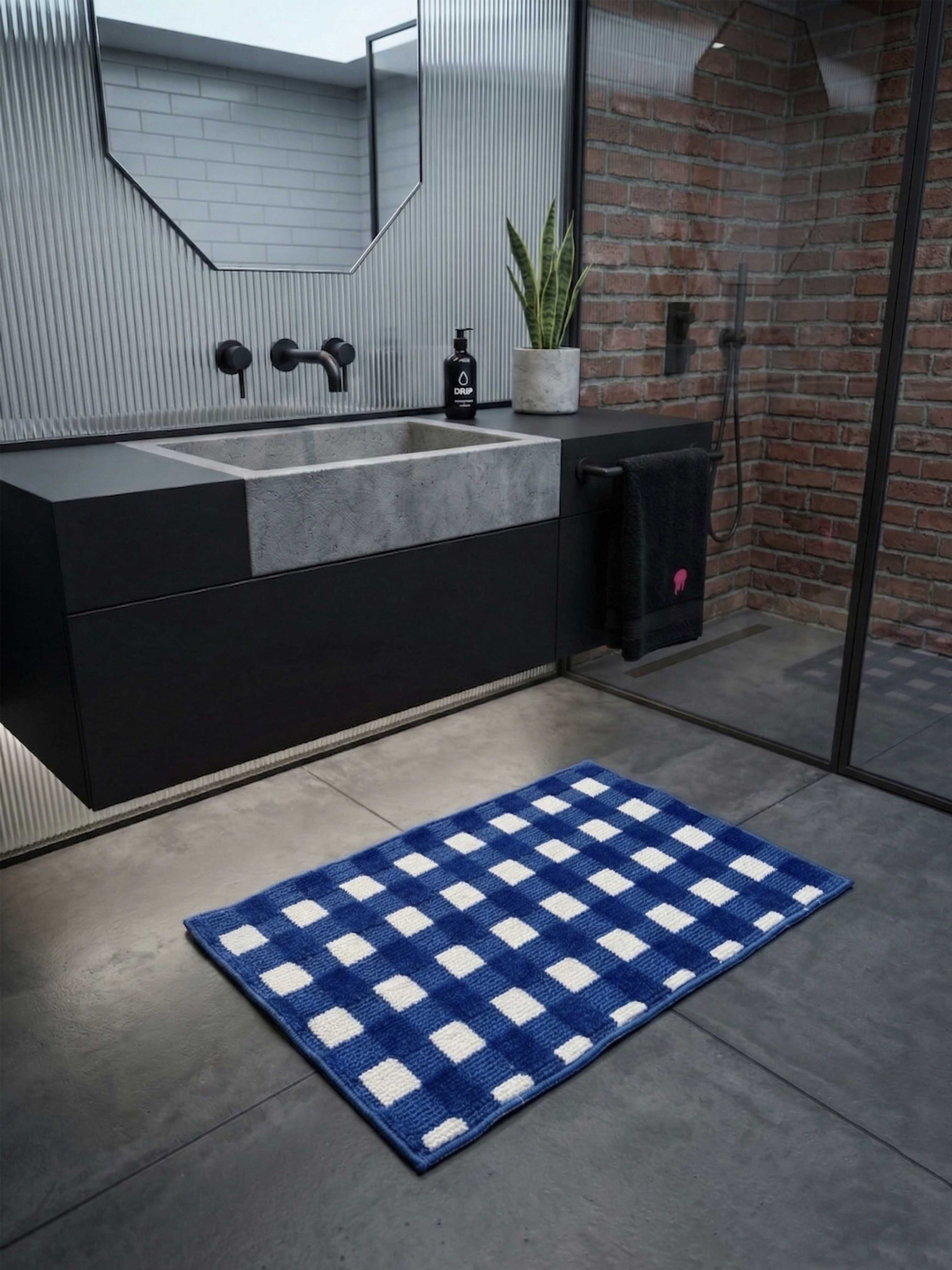 Blue & White Check high Low Bath Custom Mat
