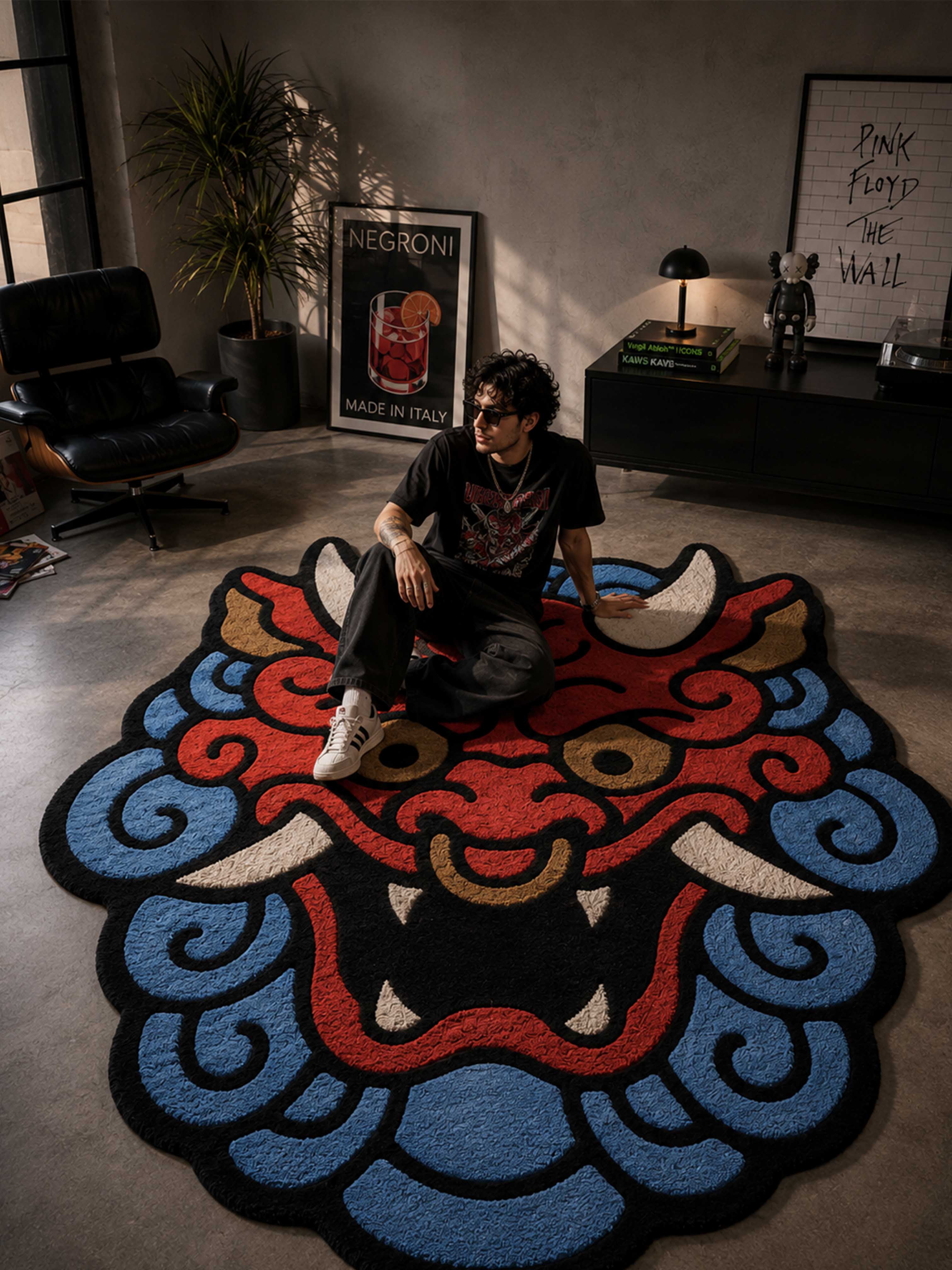 Red & blue dragon Face Hand Tufted Rug