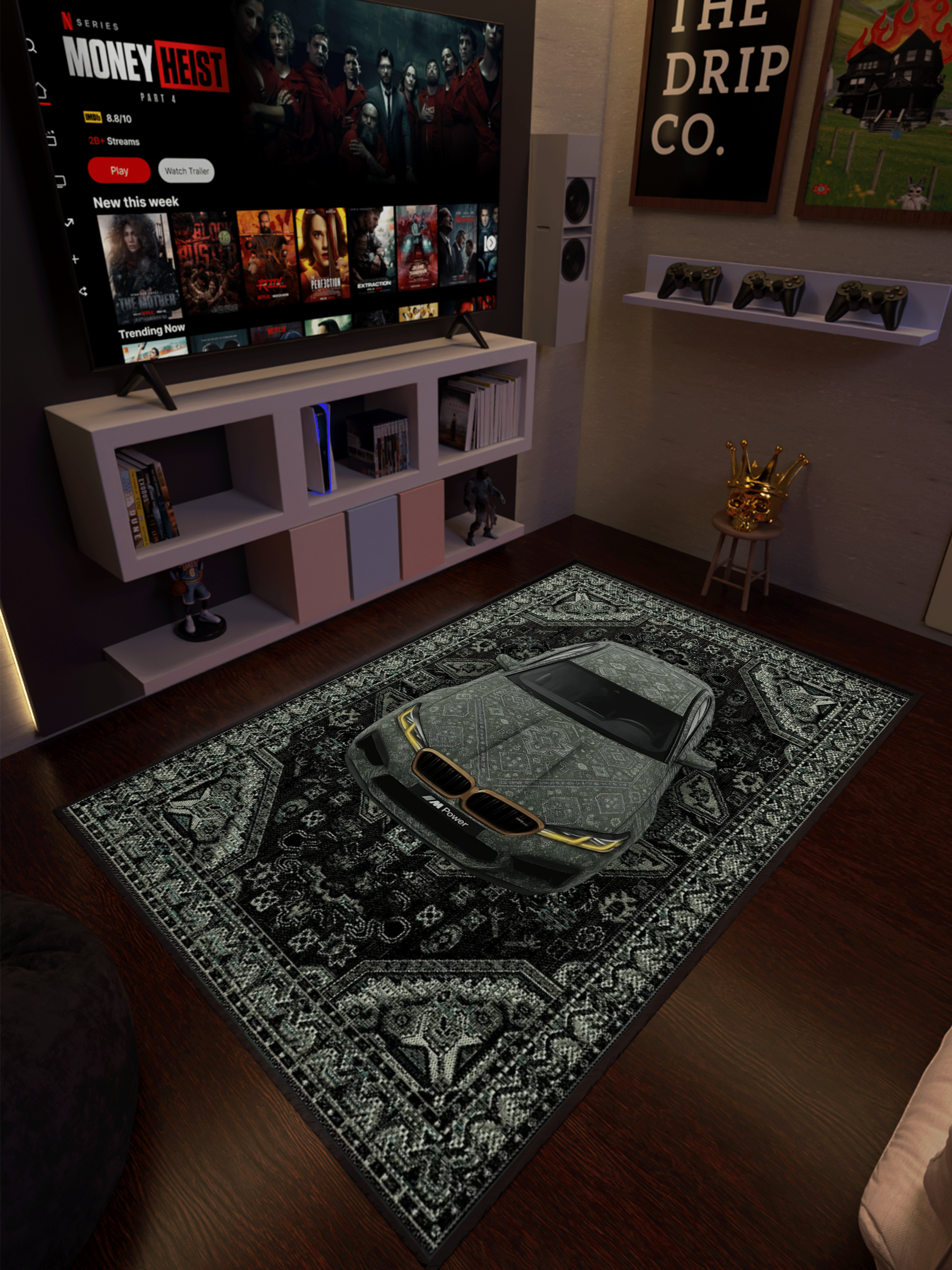 Green Sports Car traditional design Washable Rug