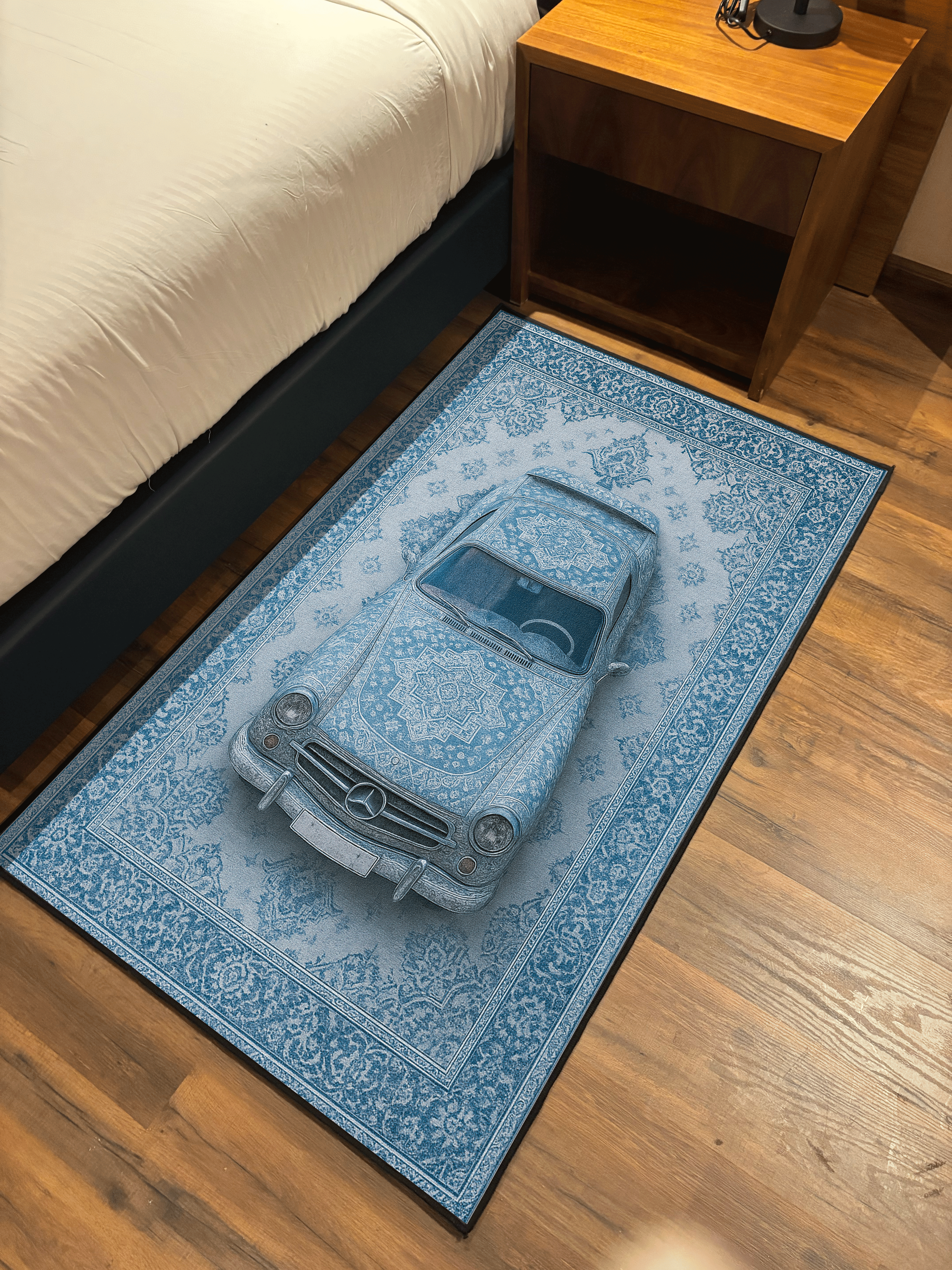 Vintage blue car traditional design Washable Custom Rug