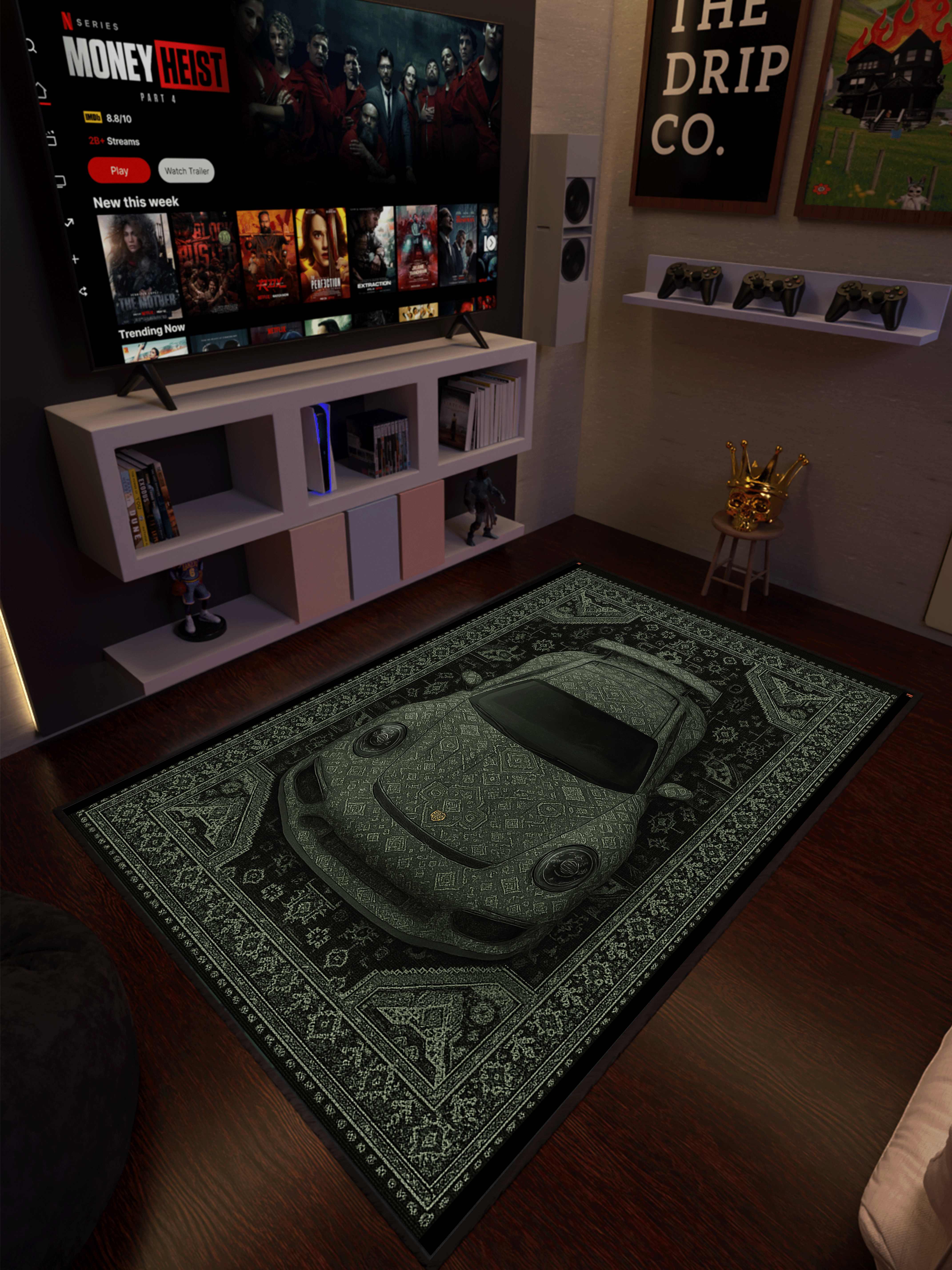 Green Sports car traditional design Washable Custom Rug