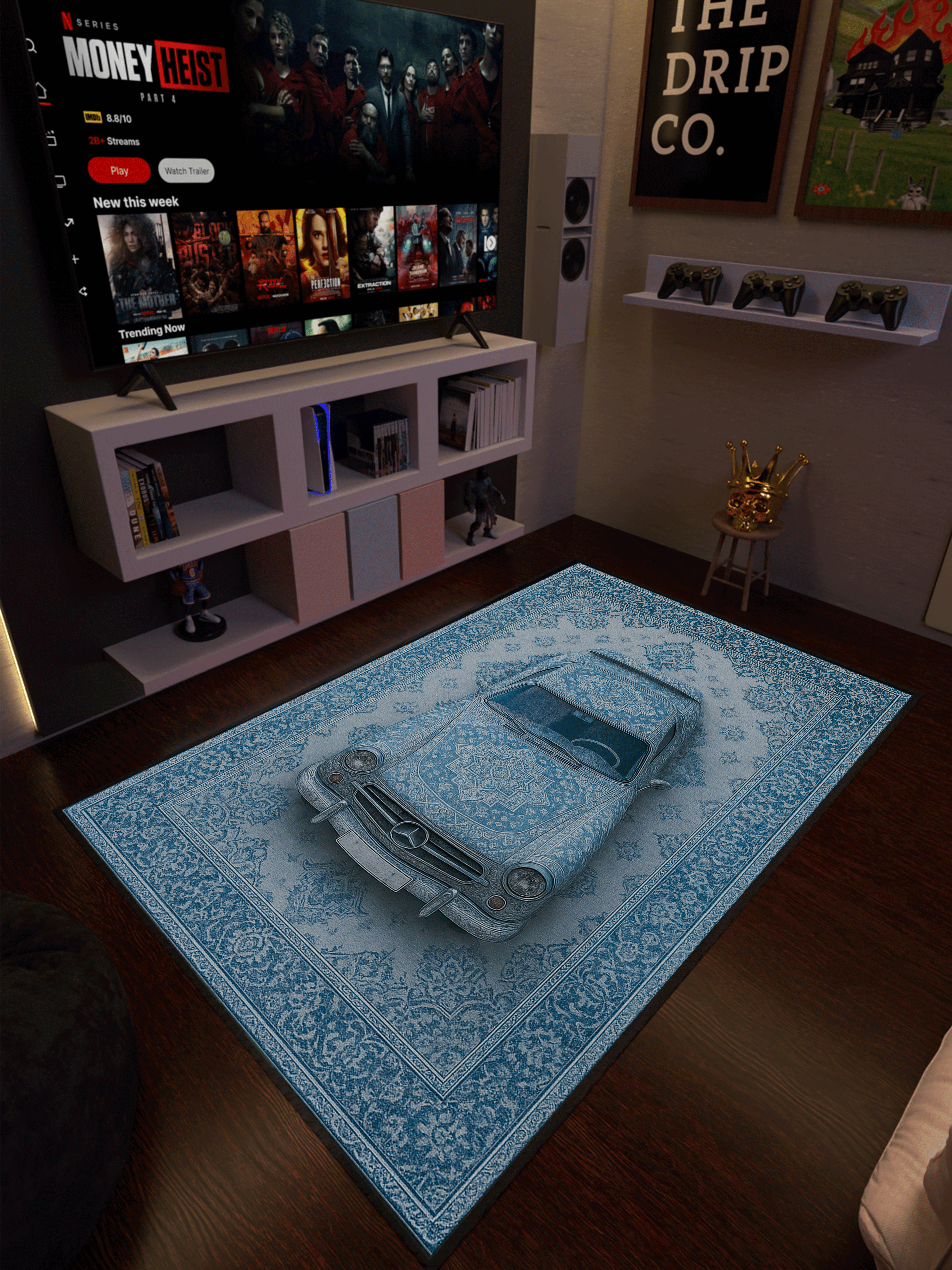 Vintage blue car traditional design Washable Custom Rug