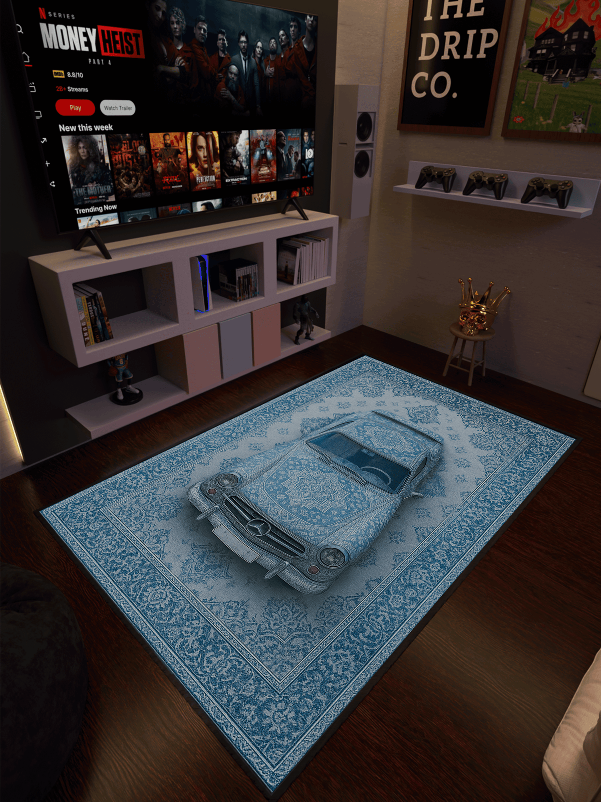 Vintage blue car traditional design Washable Custom Rug