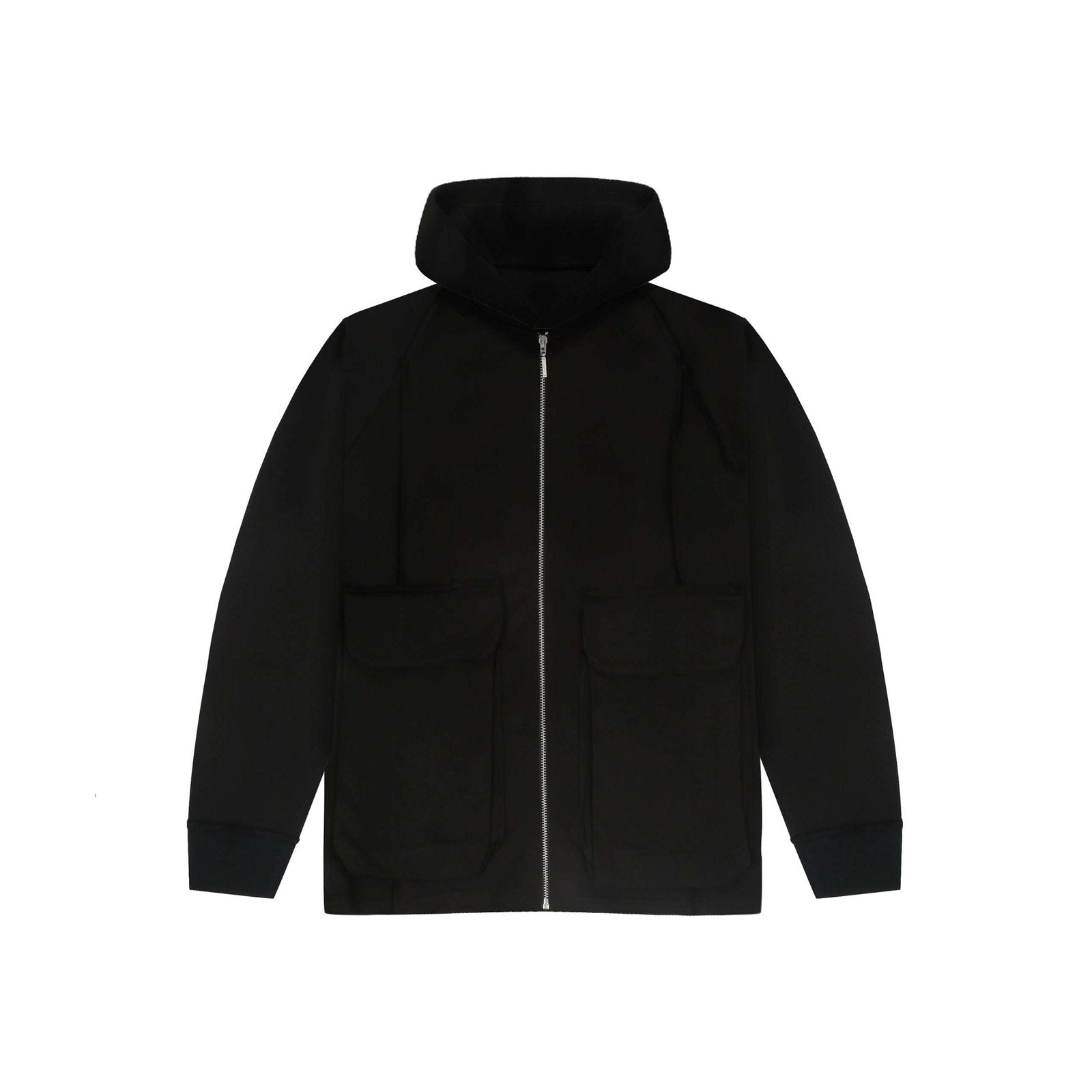 Black 400 GSM heavyweight hooded zip-up hoodie with front pockets, silver central zipper, and structured hood,