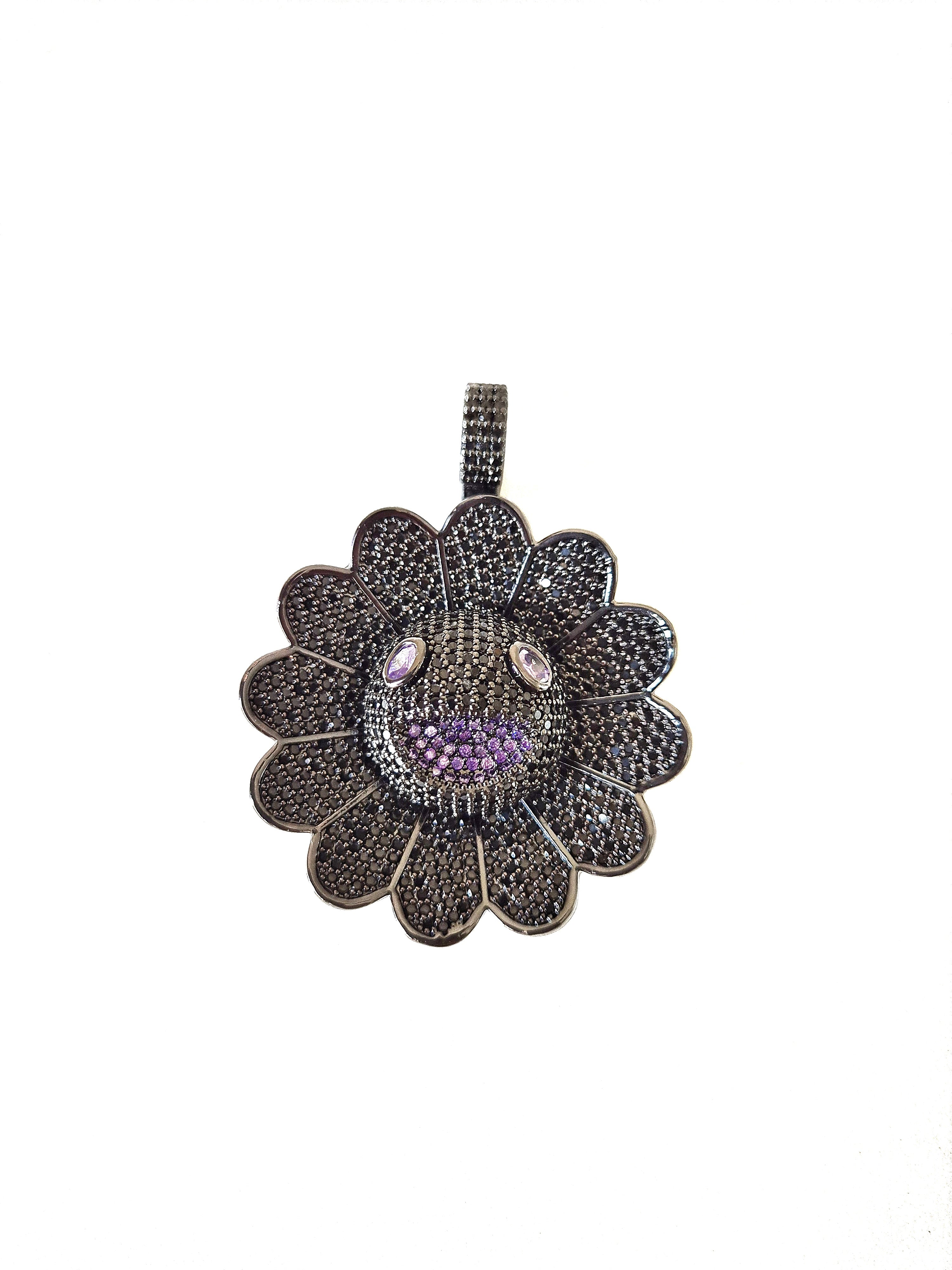 Spinning Iced Murakami Black/purple Flower Pendant