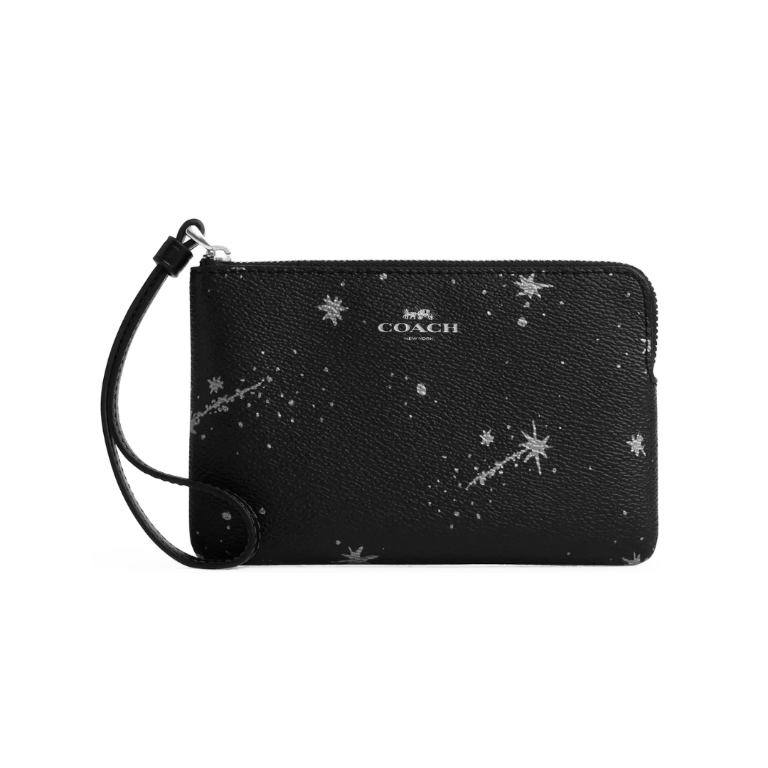 Coach Corner Zip Wristlet With Star Print novelty leather Silver Black Multi