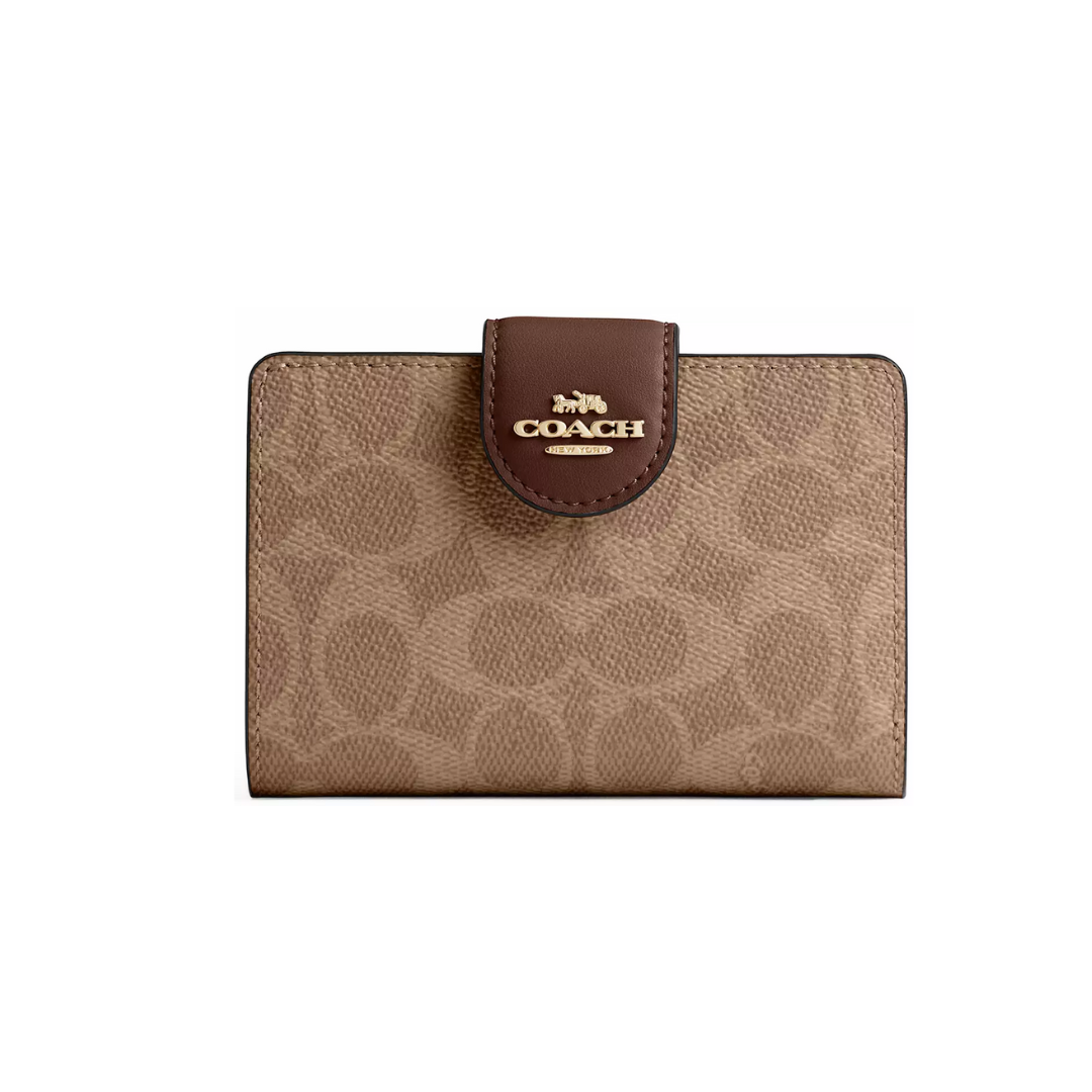 Coach Medium Corner Zip Wallet In Signature Canvas Gold Tan Brown