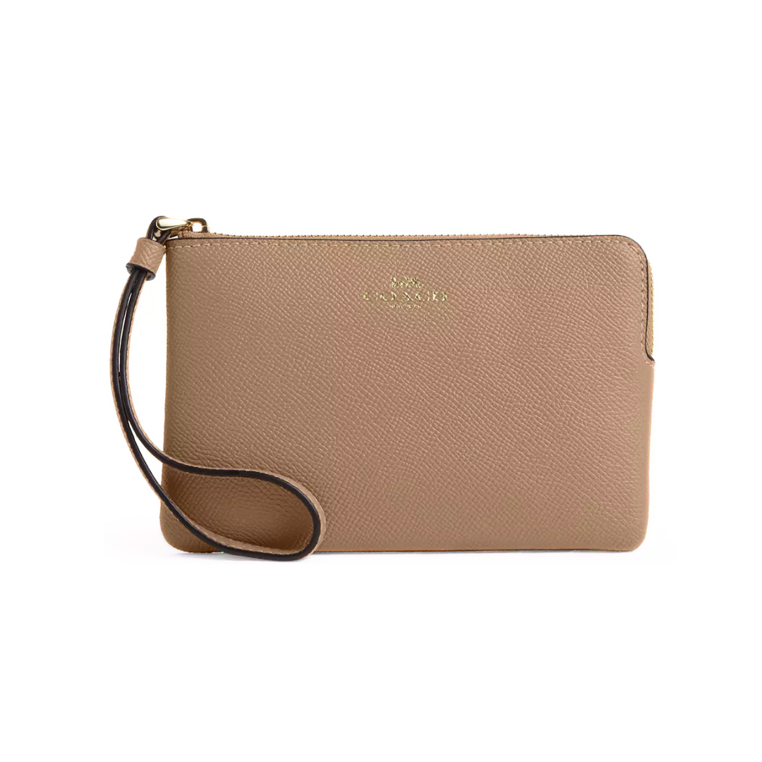 Coach Corner Zip Wristlet crossgrain leather Gold Taupe