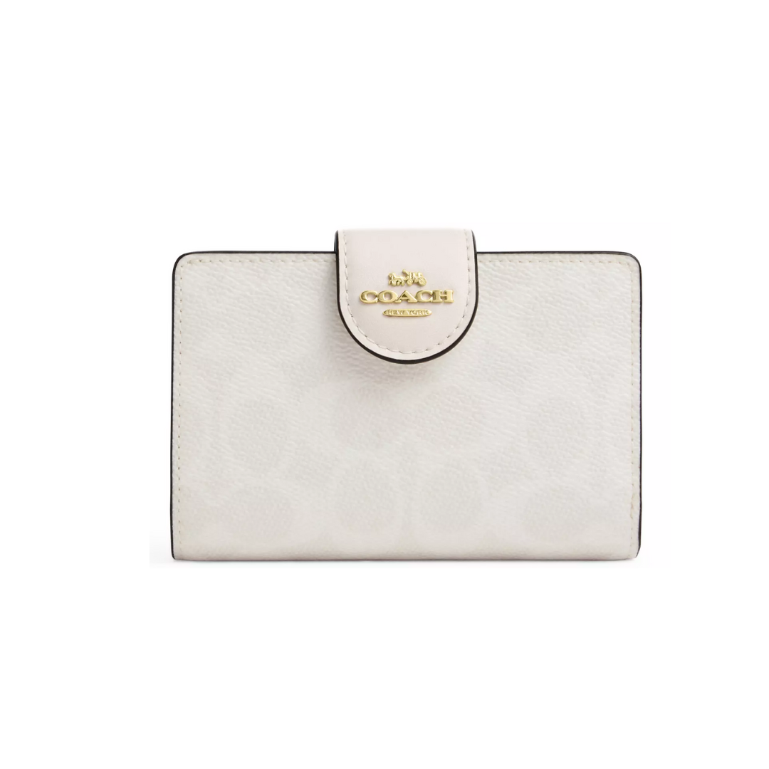 Coach Medium Corner Zip Wallet In Signature Canvas Gold White Chalk