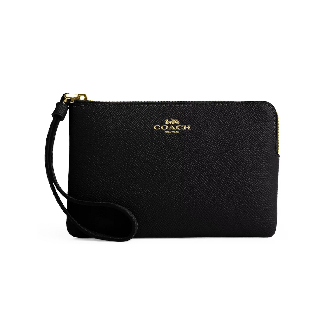 Coach Corner Zip Wristlet crossgrain leather Gold Black