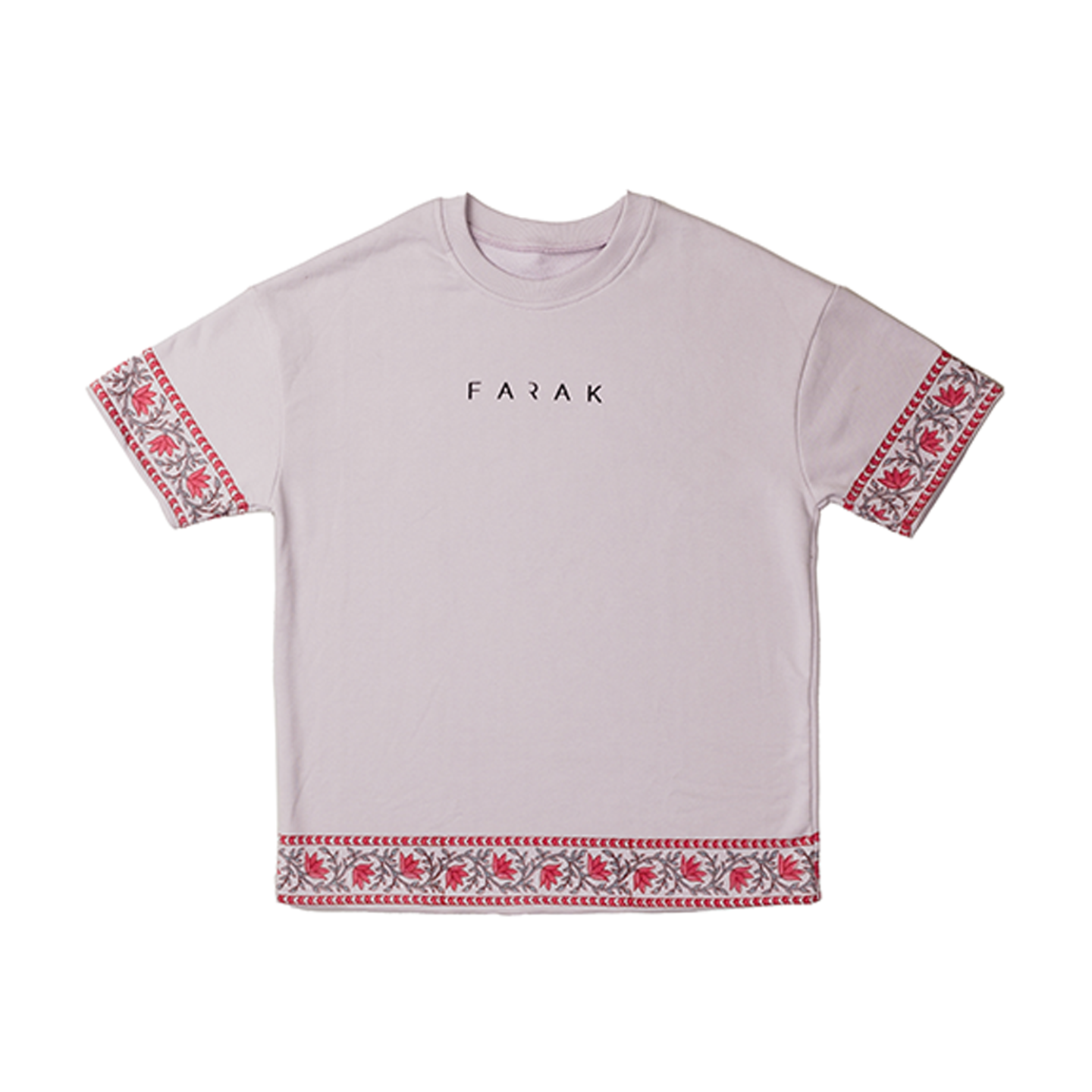 Light purple t-shirt with red and white patterned sleeves and hem on a white background