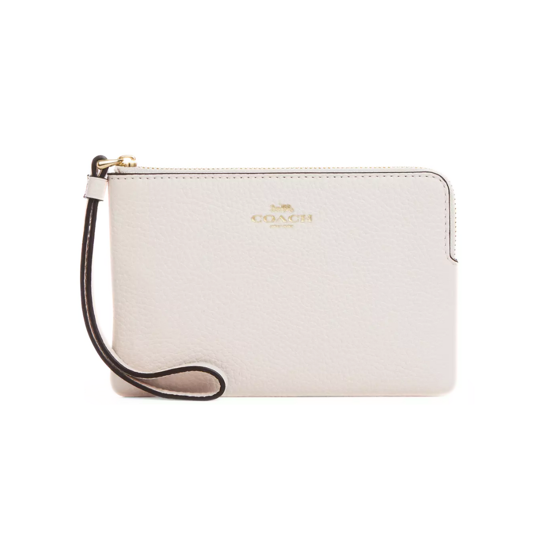 Coach Corner Zip Wristlet pebbled leather Gold Chalk
