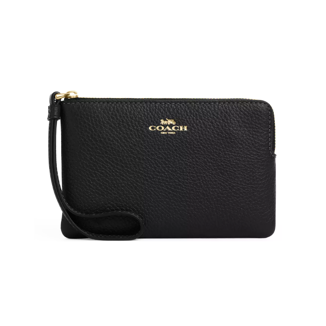 Coach Corner Zip Wristlet pebbled leather Gold Black
