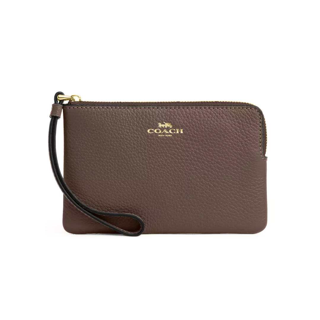 Coach Corner Zip Wristlet pebbled leather Gold Dark Stone