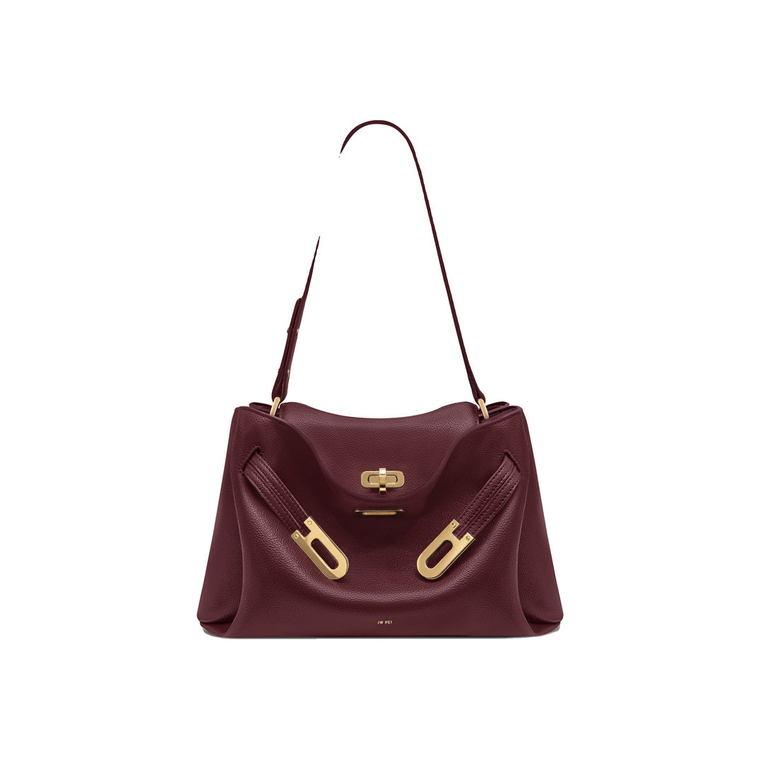 JW PEI Rhea Pebbled Double Buckle Shoulder Bag - Dark Burgundy