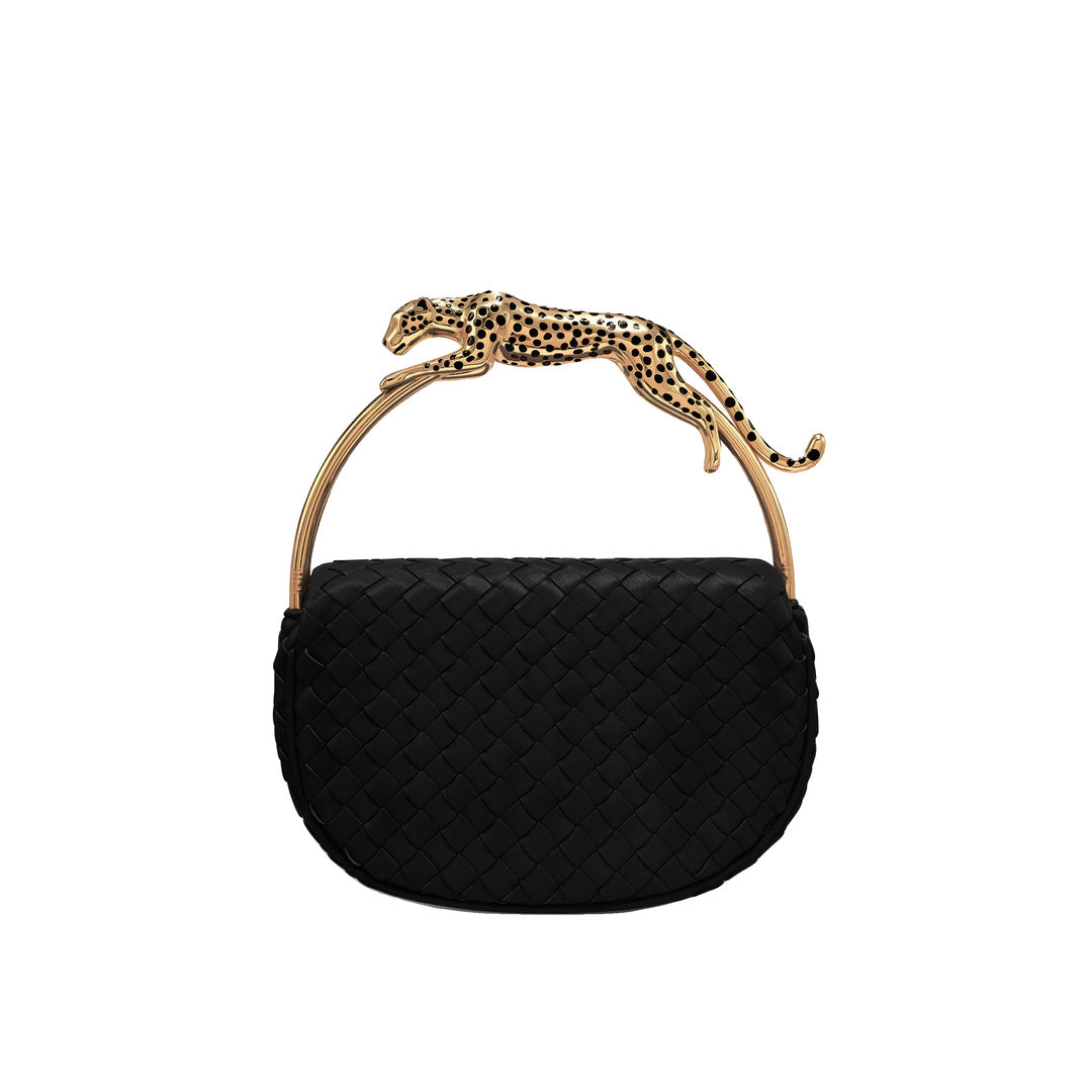 JW PEI Ione Leopard Shaped Hardware Handle Woven Top Handle Bag - Black