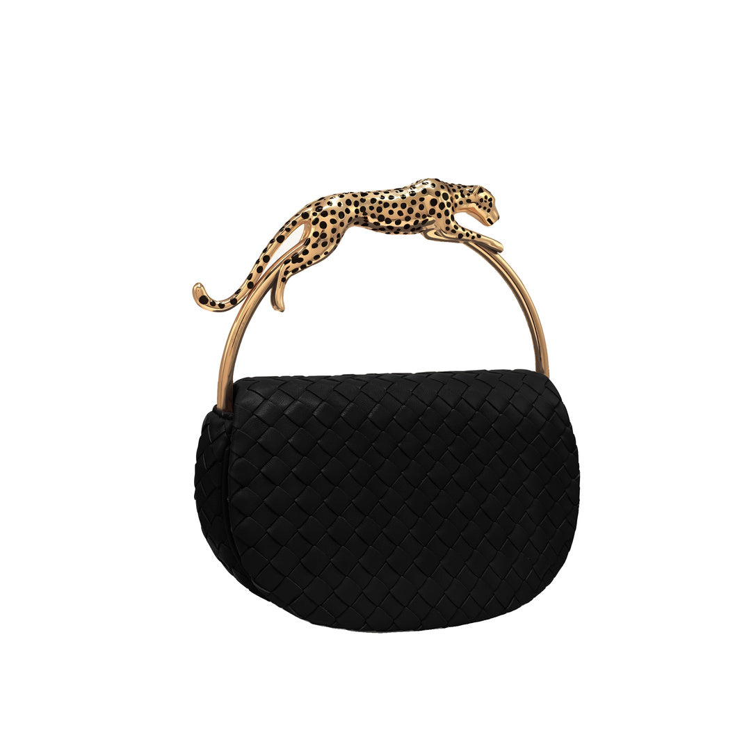 JW PEI Ione Leopard Shaped Hardware Handle Woven Top Handle Bag - Black