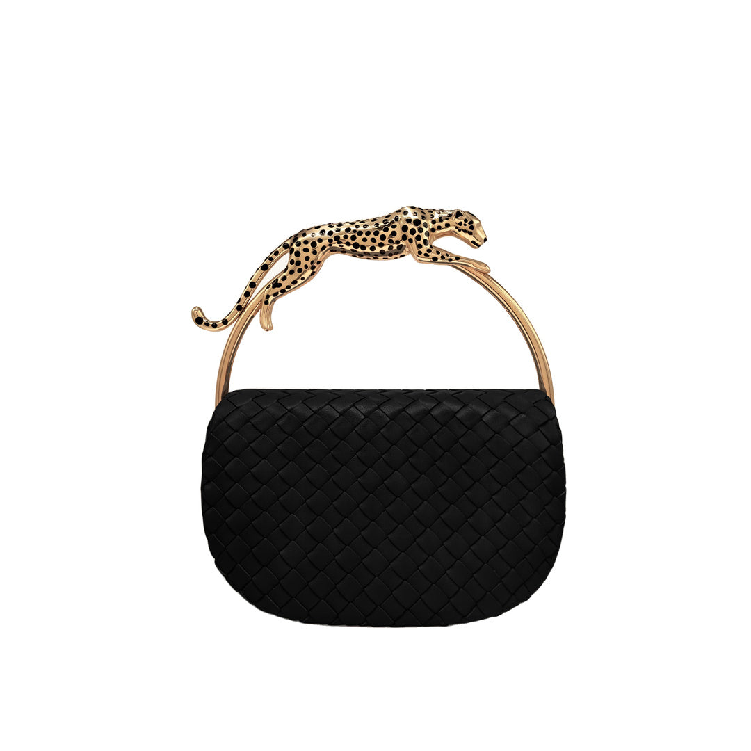 JW PEI Ione Leopard Shaped Hardware Handle Woven Top Handle Bag - Black