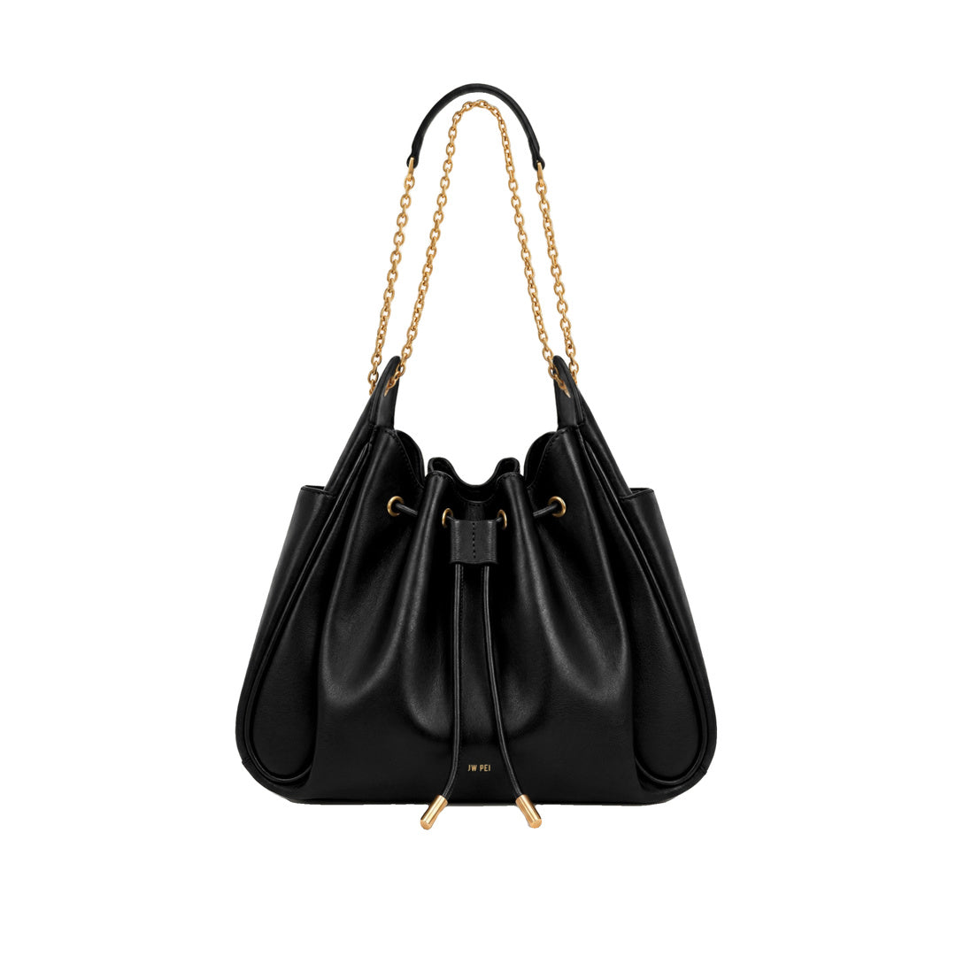JW PEI Rowan Ruched Drawstring Chain Bucket Bag - Black