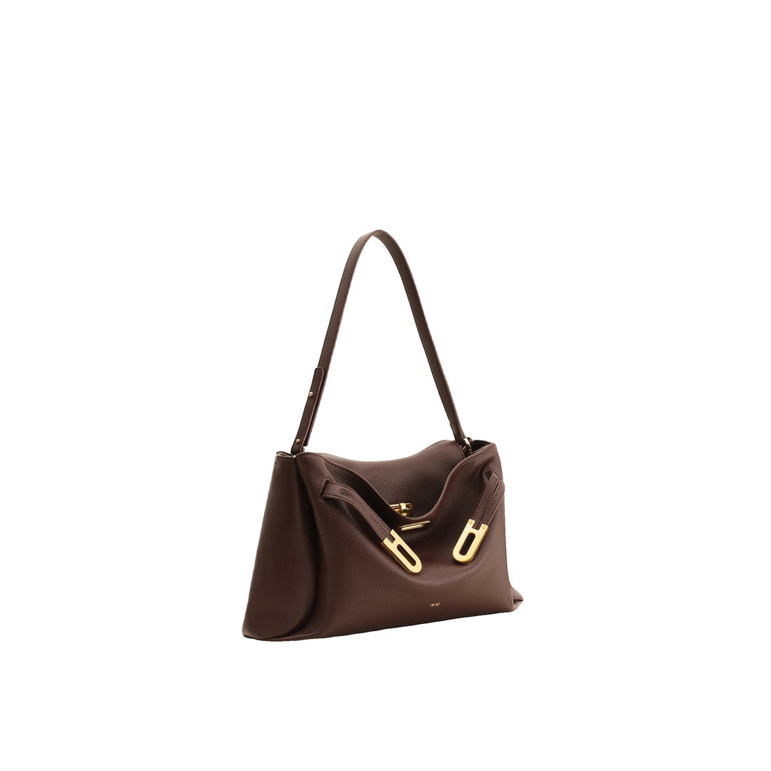 JW PEI Rhea Pebbled Double Buckle Shoulder Bag - Dark Brown