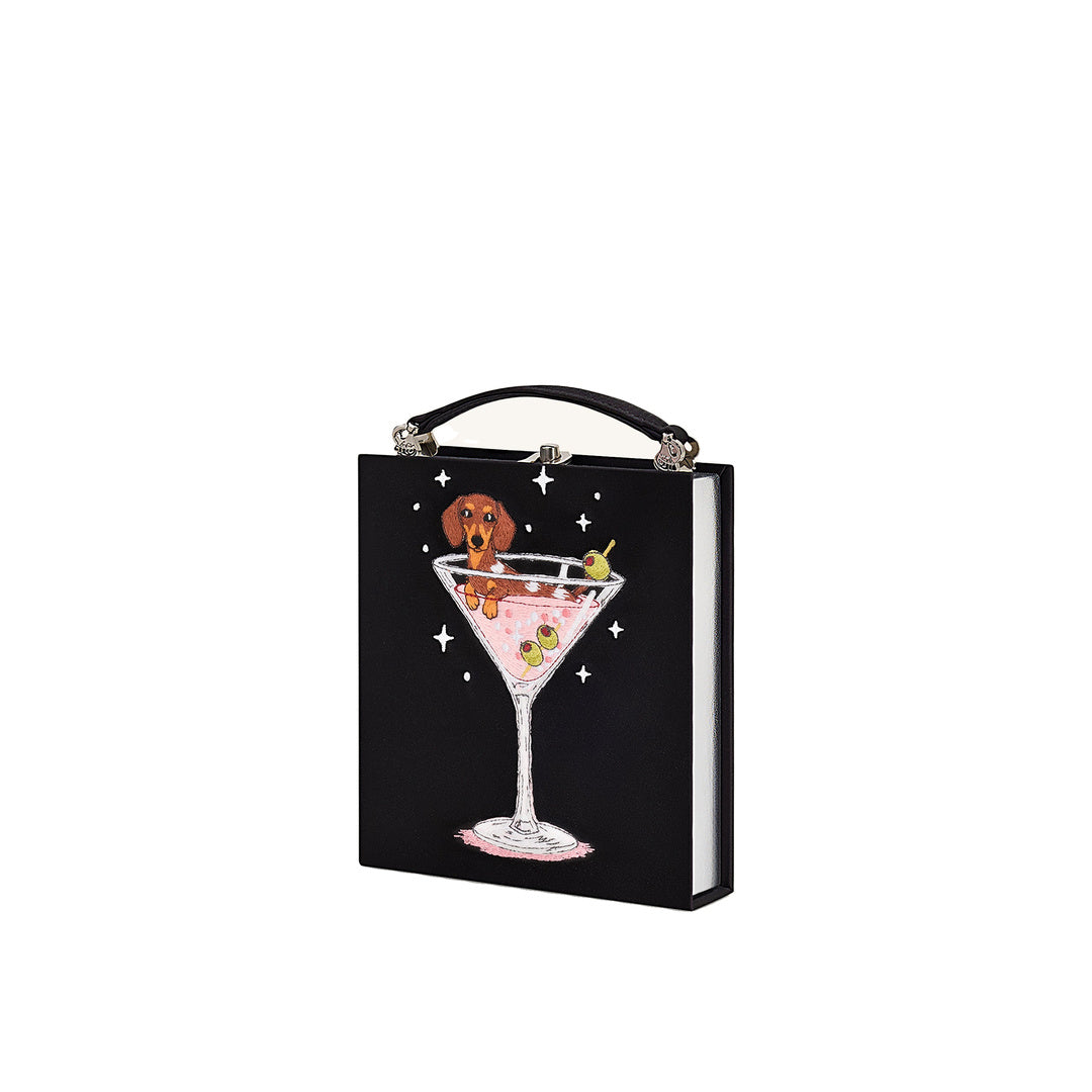 JW PEI Taya Wine Glass Puppy Pattern Book Shape Clutch Bag - Black
