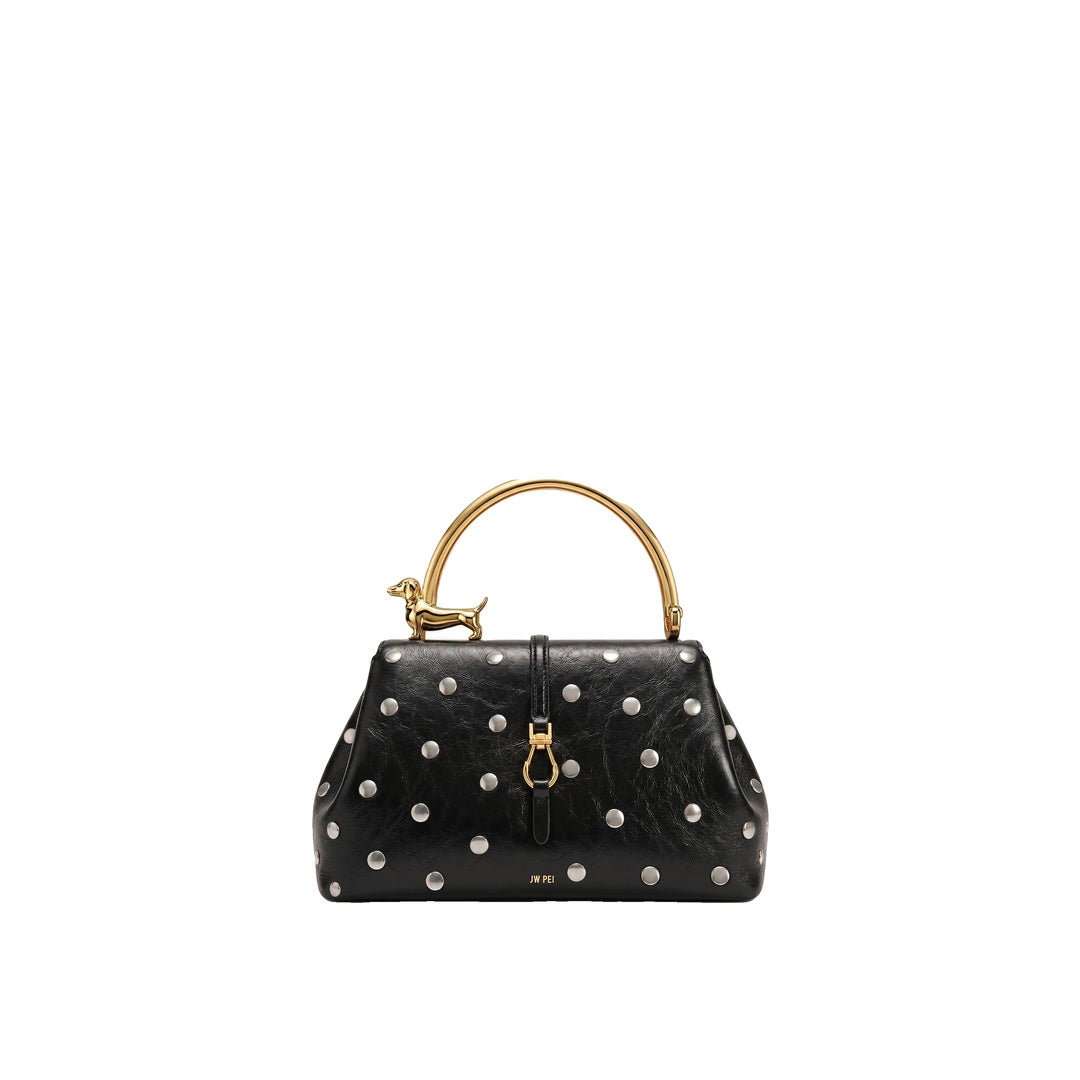 JW PEI Bruna Studded Dachshund Metal Handle Top Handle Bag - Charcoal Black