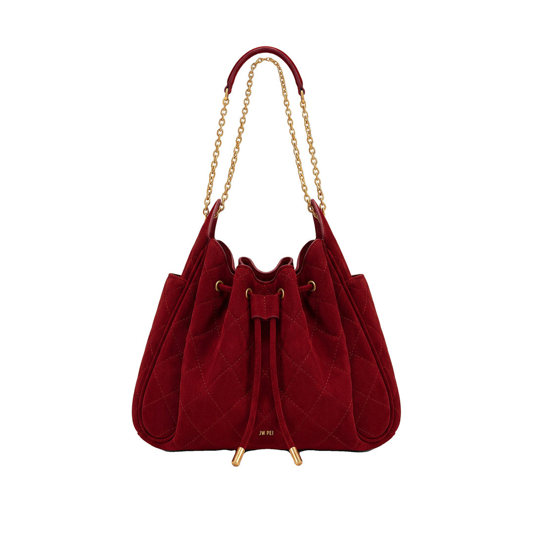 JW PEI Rowan Faux Suede Quilted Chain Bucket Bag - Dark Red