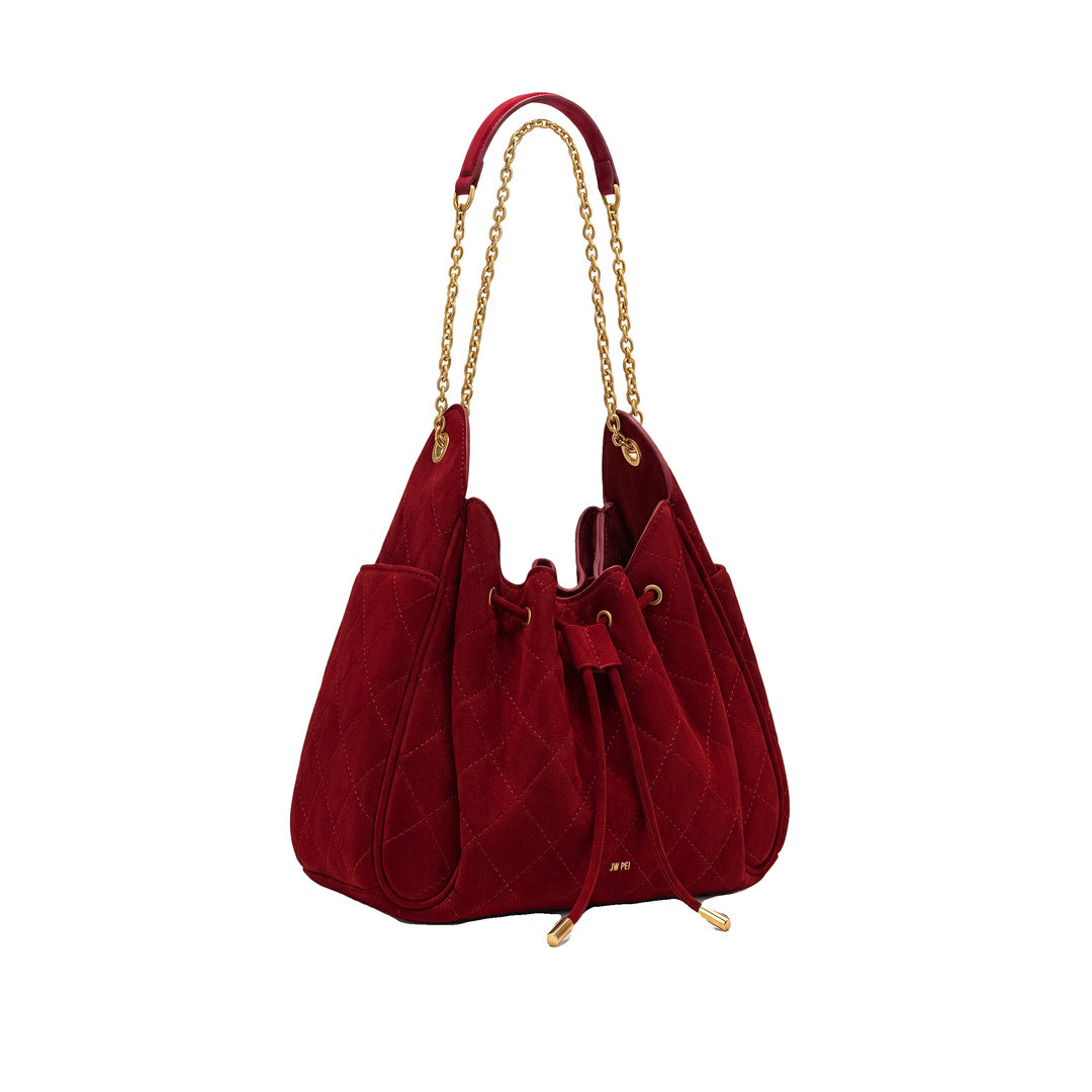 JW PEI Rowan Faux Suede Quilted Chain Bucket Bag - Dark Red