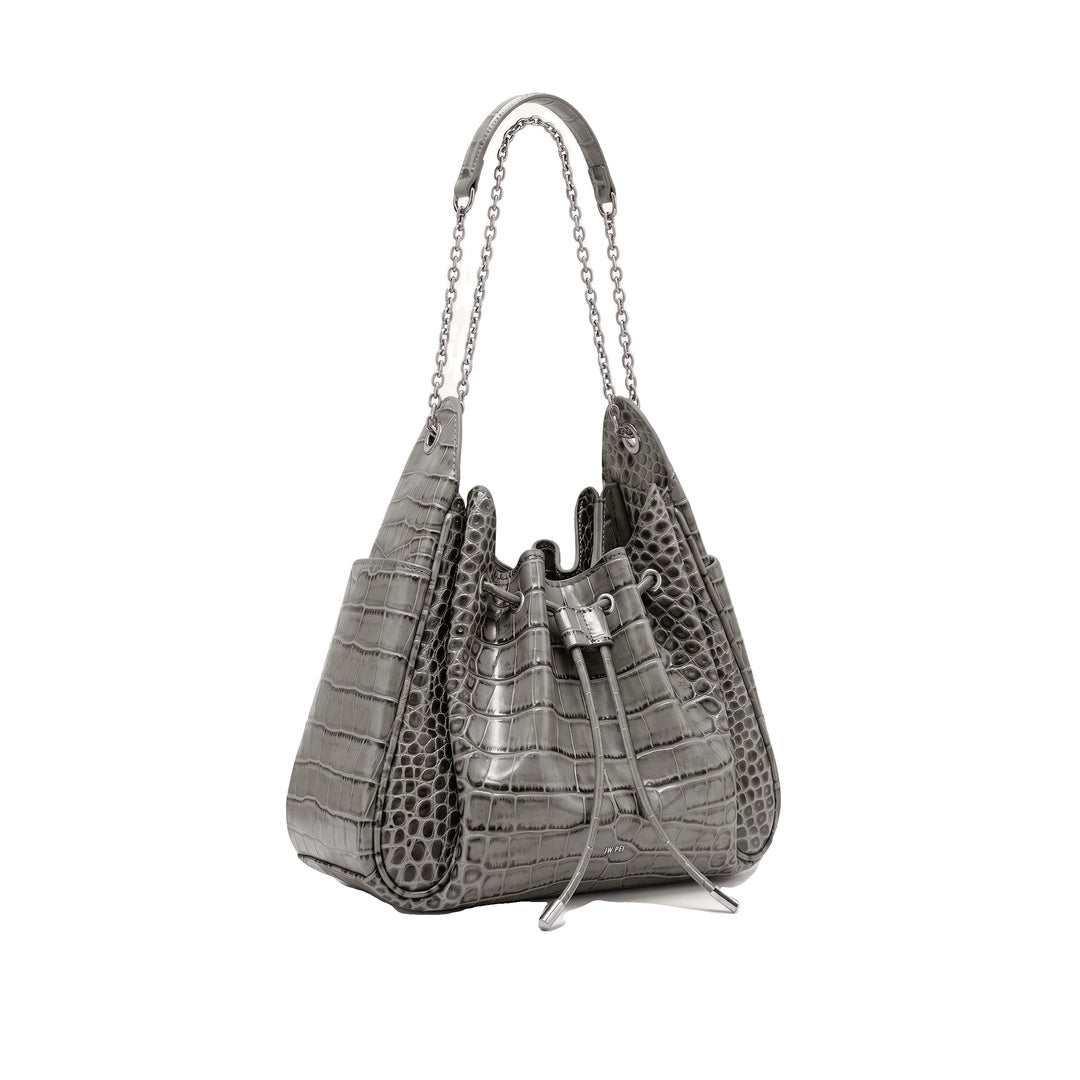 JW PEI Rowan Ruched Drawstring Chain Bucket Bag - Grey Croc