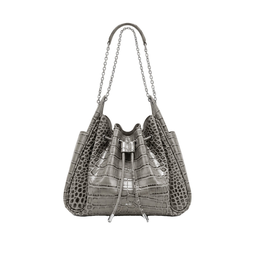 JW PEI Rowan Ruched Drawstring Chain Bucket Bag - Grey Croc