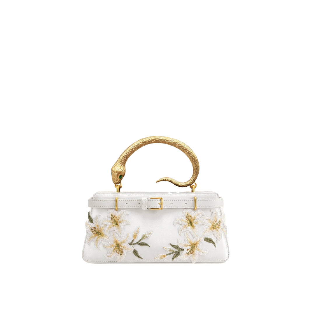 JW PEI Elena Snake Handle Lily Embroidered Top Handle Bag - White