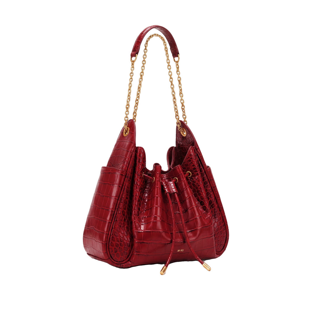 JW PEI Rowan Ruched Drawstring Chain Bucket Bag - Dark Red Croc