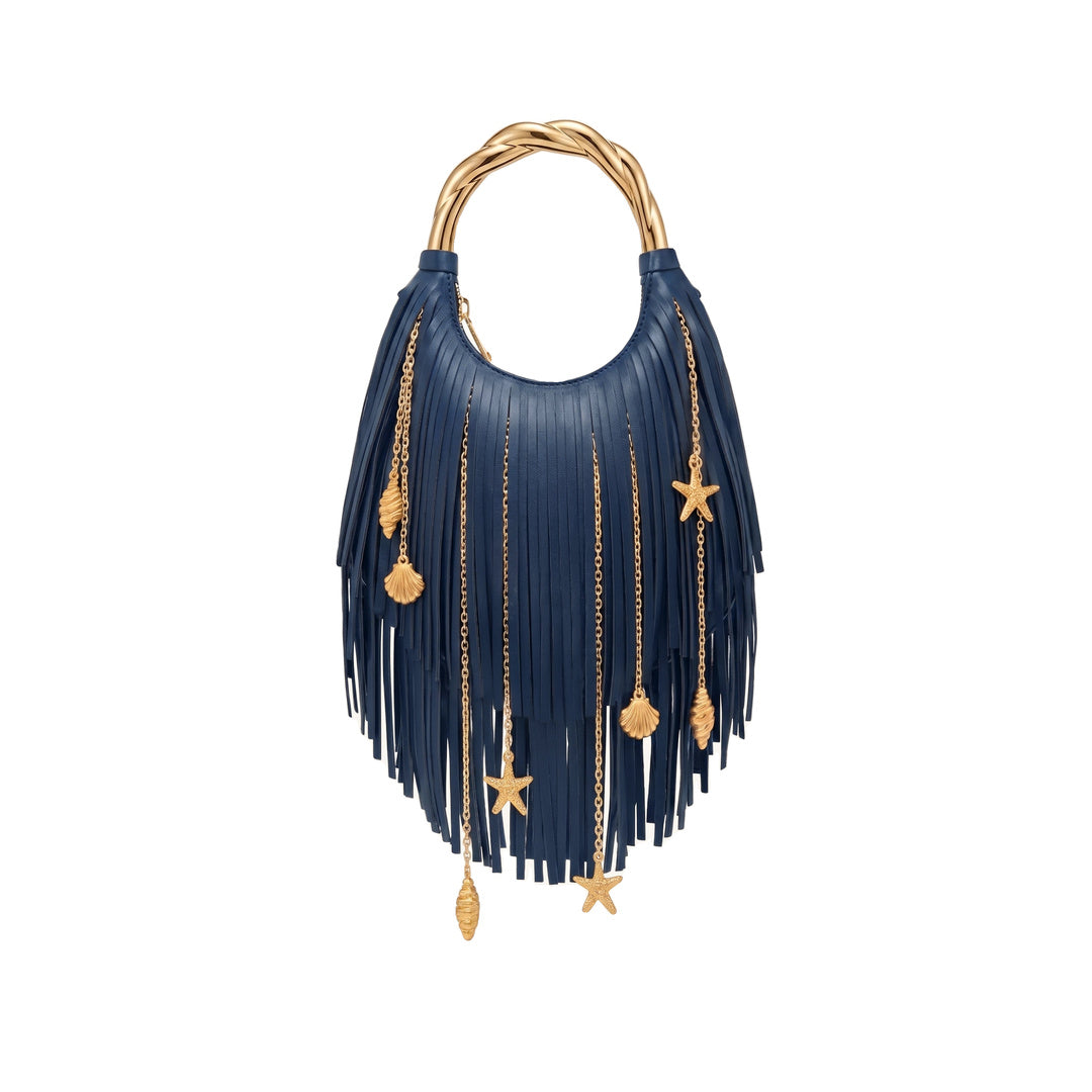 JW PEI Chloe Metal Handle Fringe Top Handbag - Navy Blue