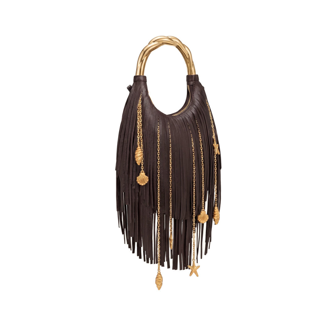 JW PEI Chloe Metal Handle Fringe Top Handbag - Dark Brown