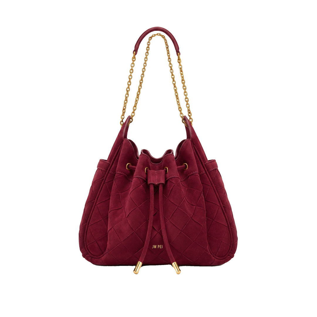 JW PEI Rowan Faux Suede Weaving Ruched Drawstring Chain Bucket Bag - Dark Cherry