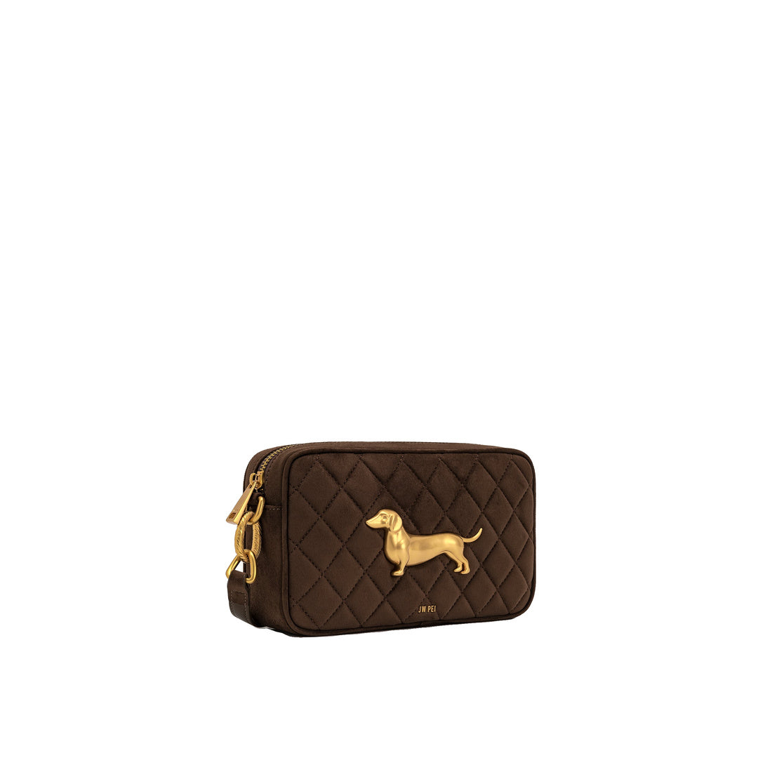 JW PEI Riley Faux Suede Dachshund Quilted Shoulder Bag - Dark Brown