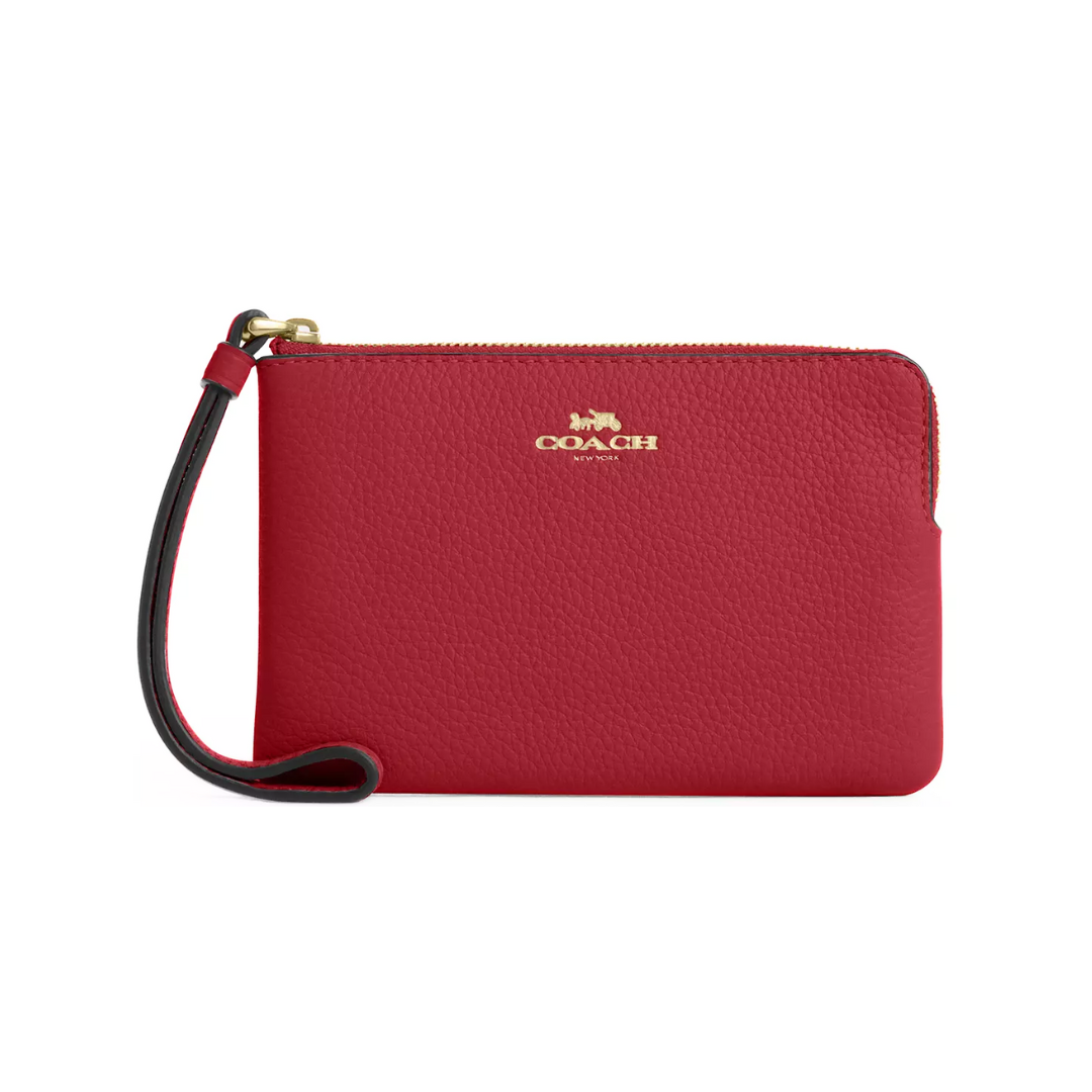 Coach Corner Zip Wristlet pebbled leather Gold True Red
