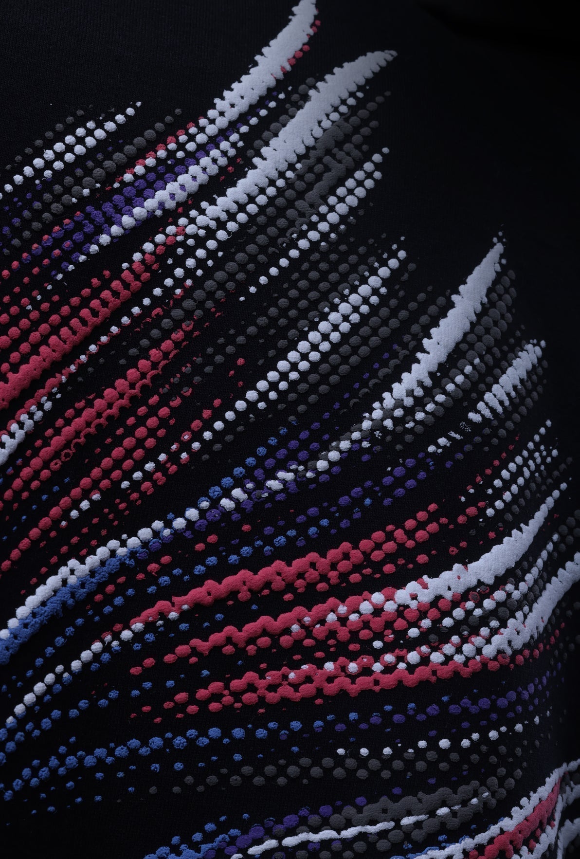 Close-up of a textured fabric with red, white, and blue patterns Crepdog Crew
