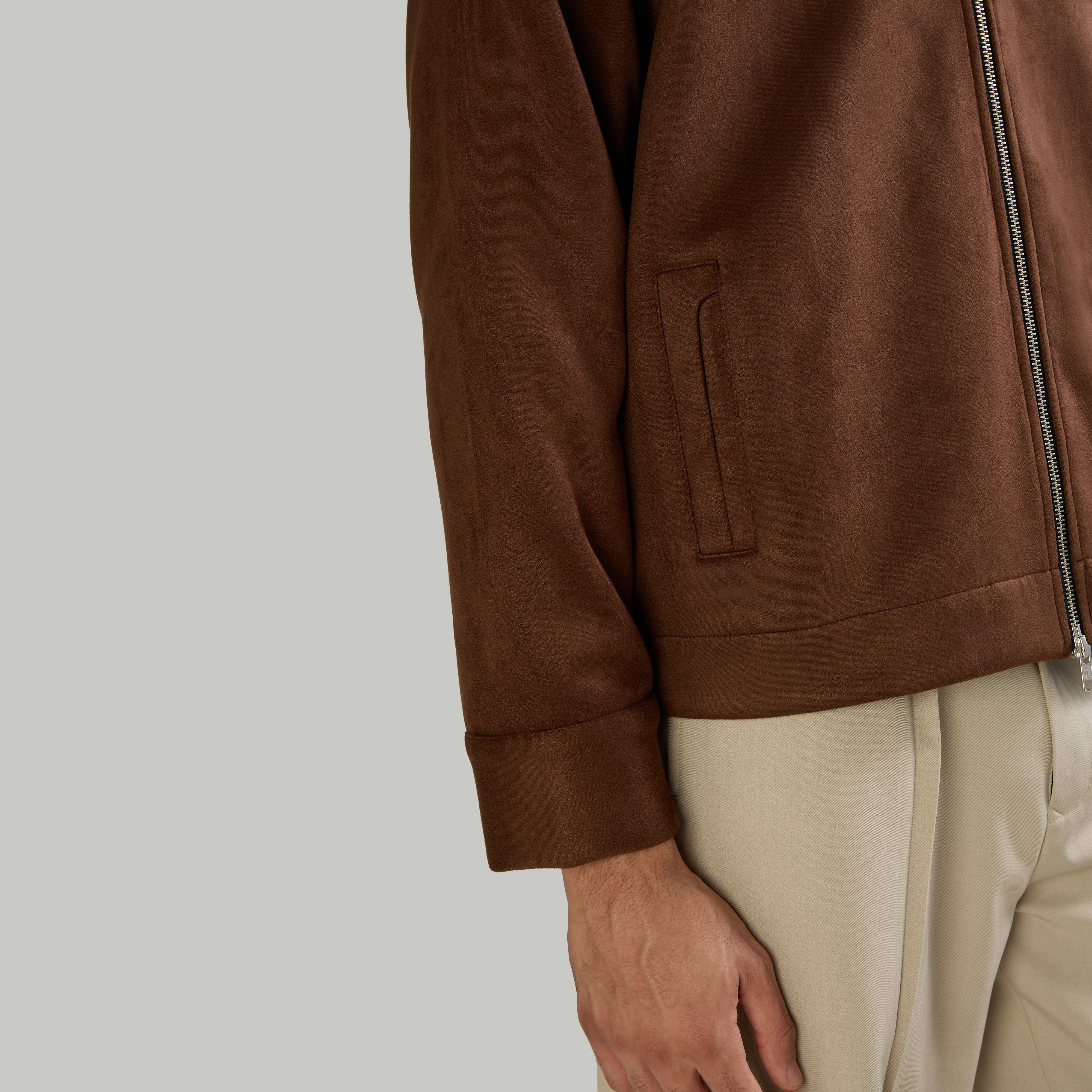 SUEDE TWO-WAY ZIP JACKET - BROWN