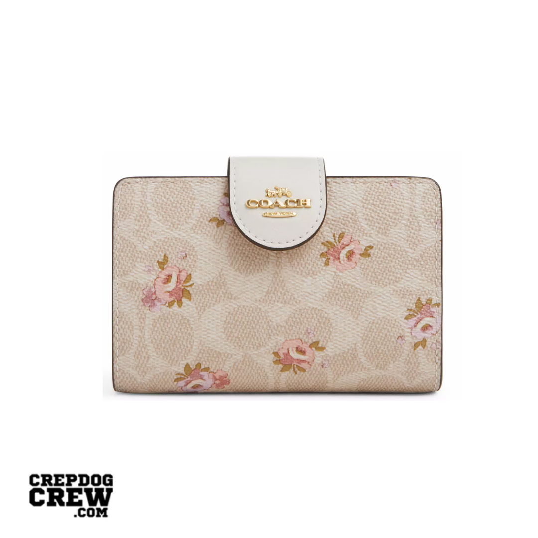 Coach Medium Corner Zip Wallet In Signature Canvas With Floral Print Gold Sand Multi