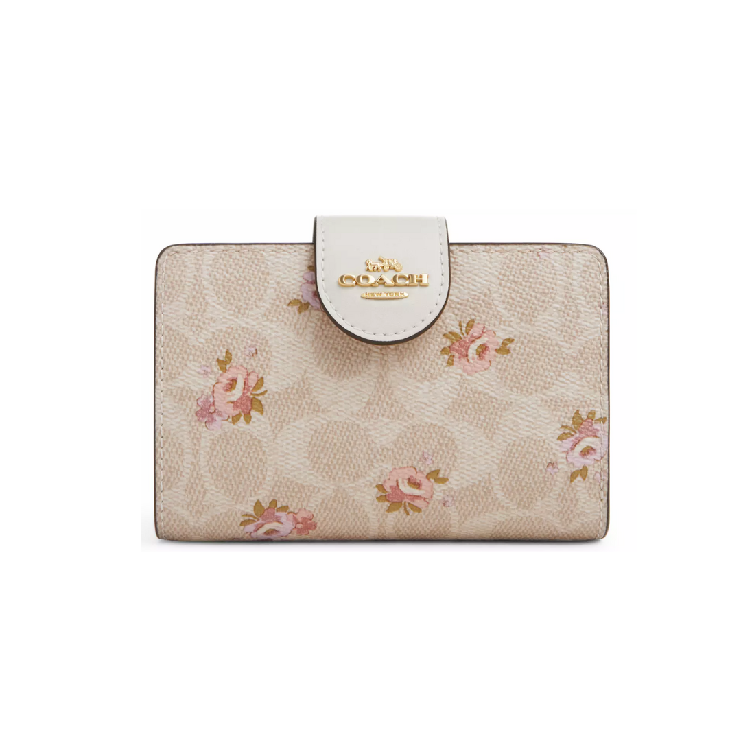 Coach Medium Corner Zip Wallet In Signature Canvas With Floral Print Gold Sand Multi