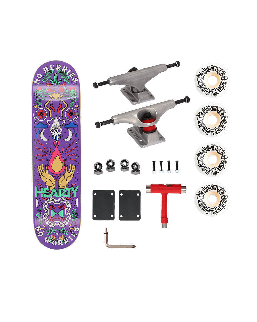 Hearty Pro-Complete Skateboard Pack- Unassembled- 8.0"-No Hurries No Worries/Purple