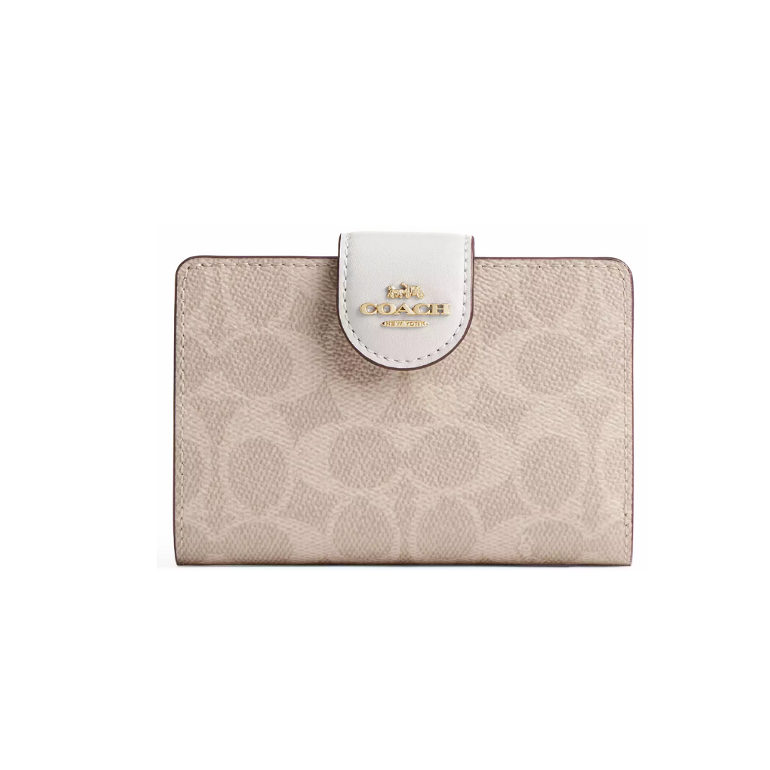 Coach Medium Corner Zip Wallet In Signature Canvas Gold Sand Chalk