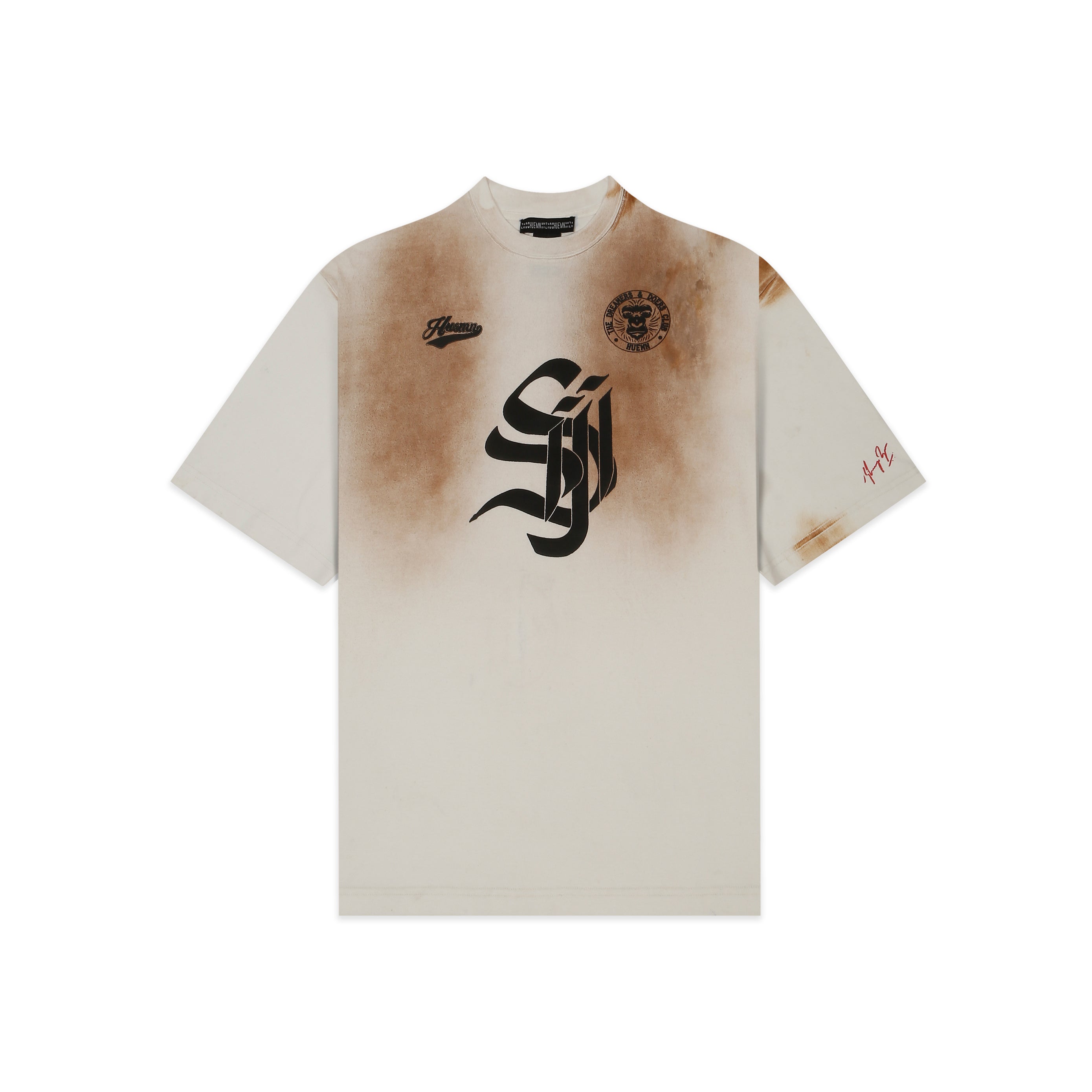 Shreyas Iyer x HUEMN 'SI' monogram T-shirt with handpainted mud-washed surface (White)