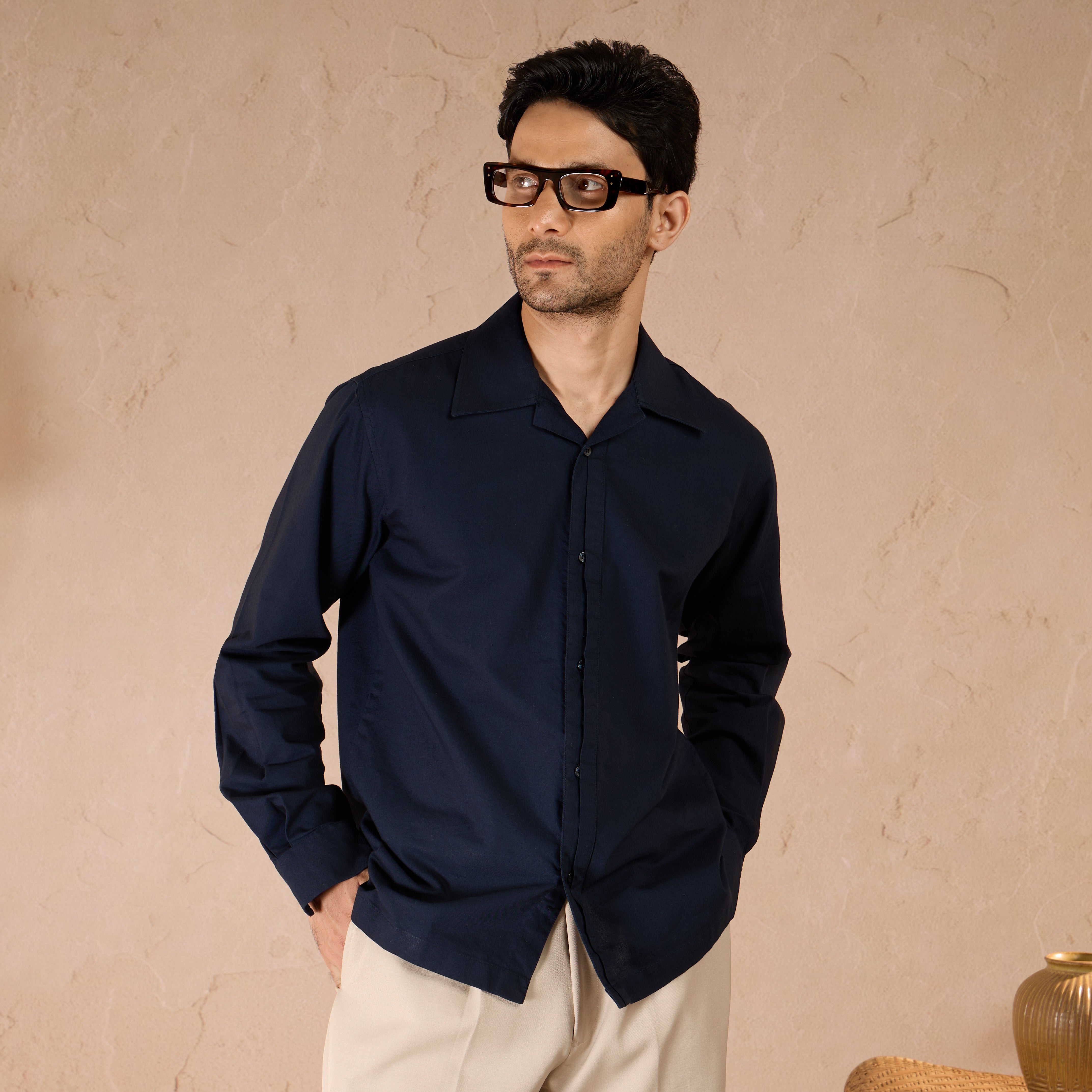 HALF PLACKET COTTON OXFORD SHIRT - NAVY