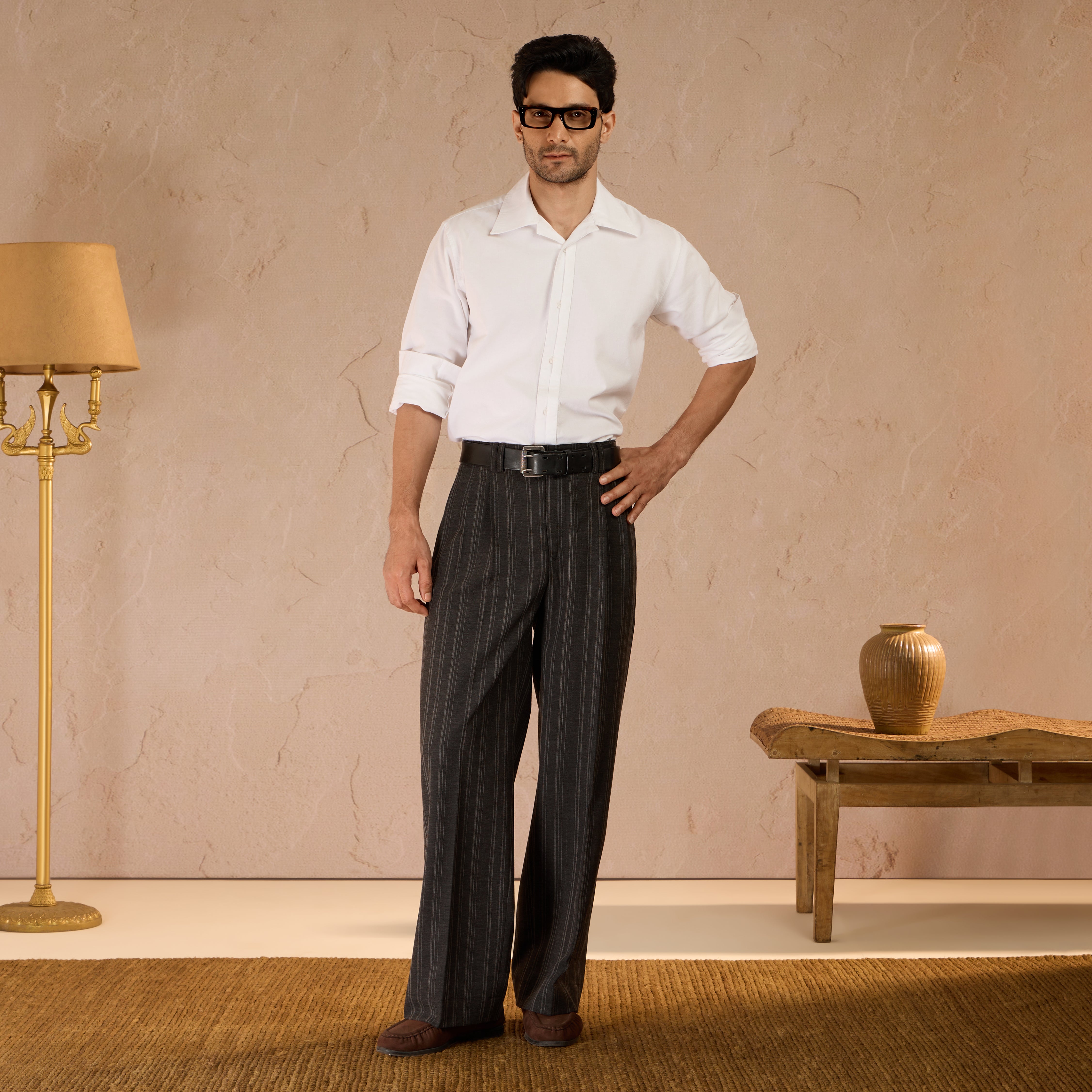 RELAXED FIT PINSTRIPE TROUSERS - BLACK